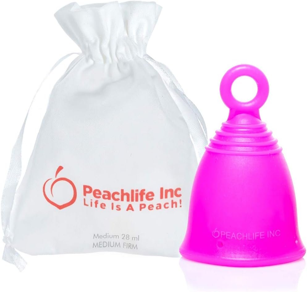 Peachlife Ring Menstrual Cup with Loop Pull Tab Handle – Silicone Reusable for 10 Years – Medium Size, Medium Firm Peachcup