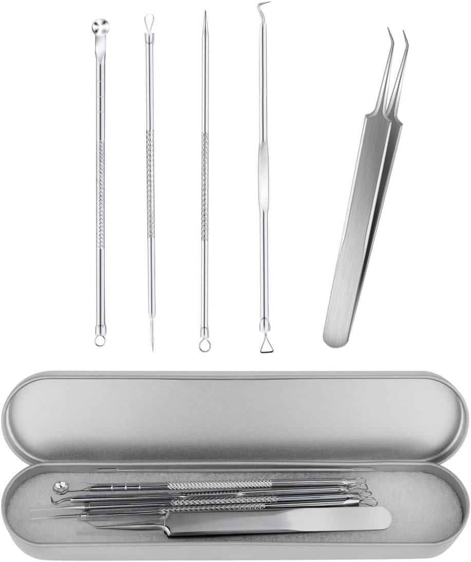 Blackhead Remover Tool Pimple Popper Tool Kit 5 Pack Blackhead Extractor Tools with Case Comedone Zit Acne Blemish Whitehead Removal Kit Professional Stainless Steel Extractor Tools for Face Nose