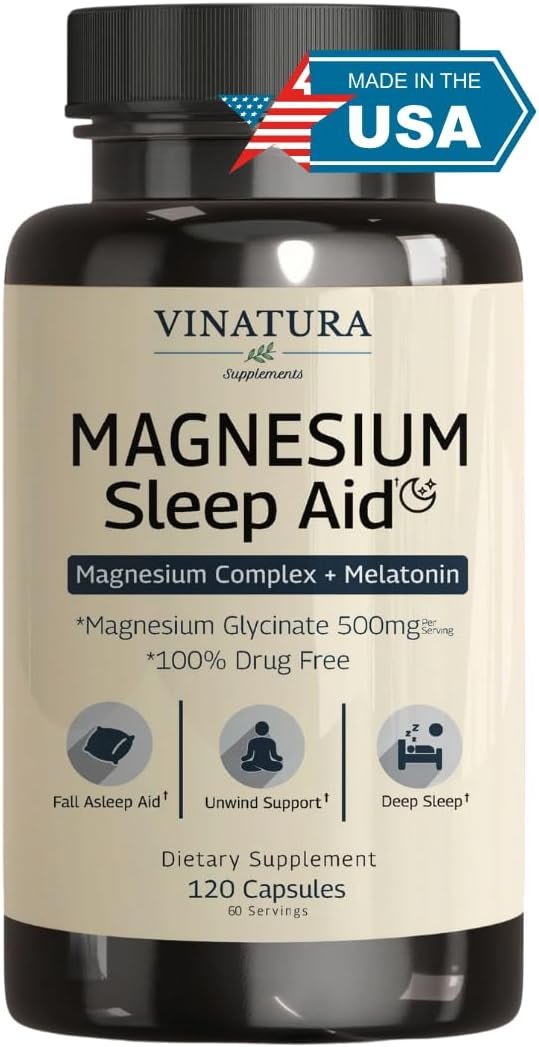 Magnesium Sleep Aid – Magnesium Glycinate Complex for Sleep with Melatonin Supplement – Glycinate 500mg, L-Theanine – 120 Capsules