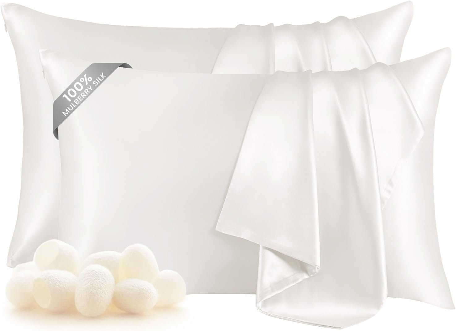 THXSILK Set of 2 100% Pure Mulberry Silk Pillowcase for Hair and Skin, Highest 6A+ Grade Mulberry Silk Pillow Case Standard Size, Real Silk Pillowcase with Zipper (White, Standard)