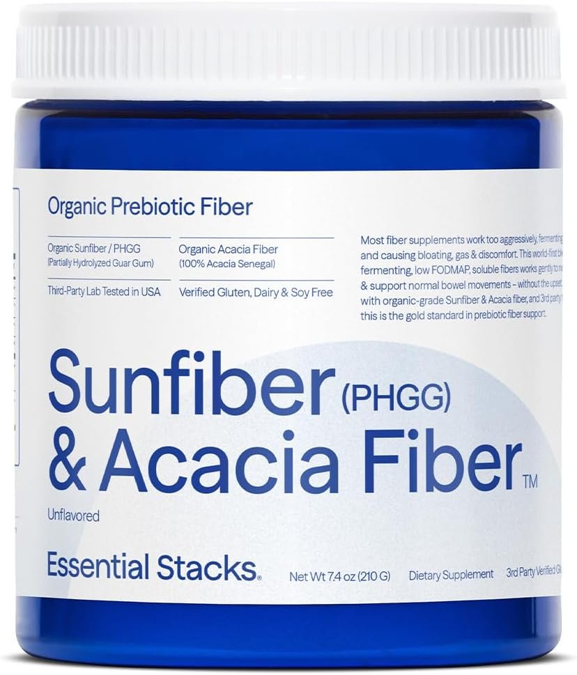 Essential Stacks Organic Sunfiber Prebiotic Fiber (Partially Hydrolyzed Guar Gum/PHGG) with Acacia Fiber Powder – Gluten Free, Non-GMO & Unflavored (7.4 oz)