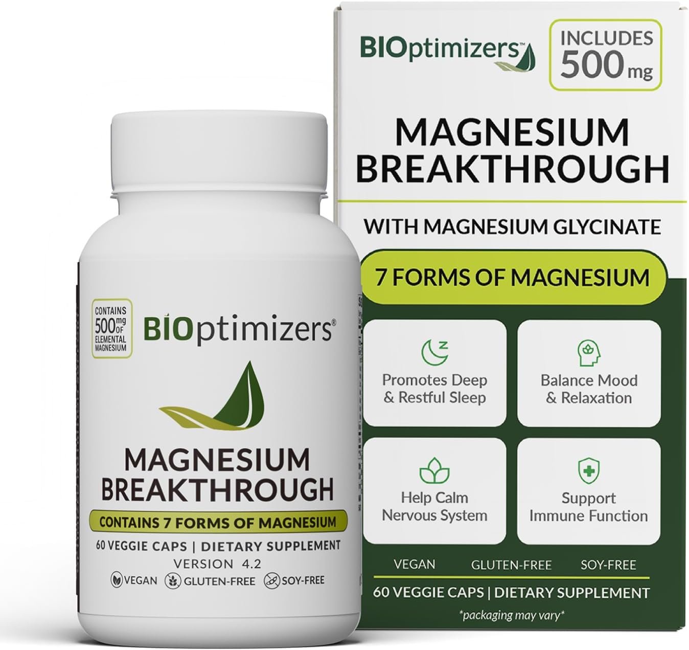 BIOptimizers Magnesium Breakthrough Supplement with 500mg – 7 Forms of Magnesium: Glycinate, Malate, Citrate, and More – Natural Support for Sleep and Cognitive Function -60 Capsules- Calming Vitamins