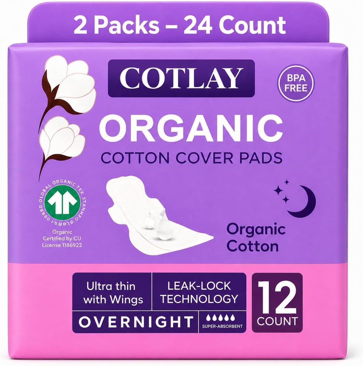 Organic Cotton Overnight Pads for Women with Wings –24 Count | Sanitary Pads for Women Overnight | Period Pads | Non Toxic Feminine Hygiene, for Sensitive Skin, Thin Overnight Maxi Pads