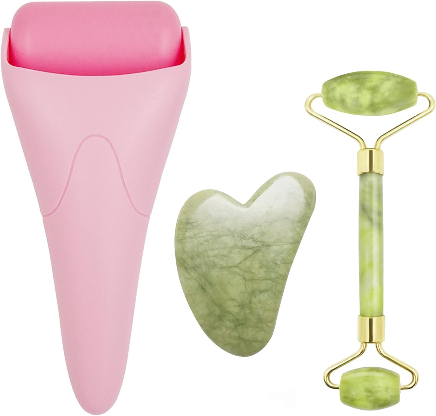 3 in 1 Ficial Face Ice Jade Roller and Gua Sha Tool, Natural Real Jade Anti-Wrinkle Face Eye Neck Massager Tool, Reduce Wrinkles, Puffiness, Migraine, Redness, Pain and Injury，Pink