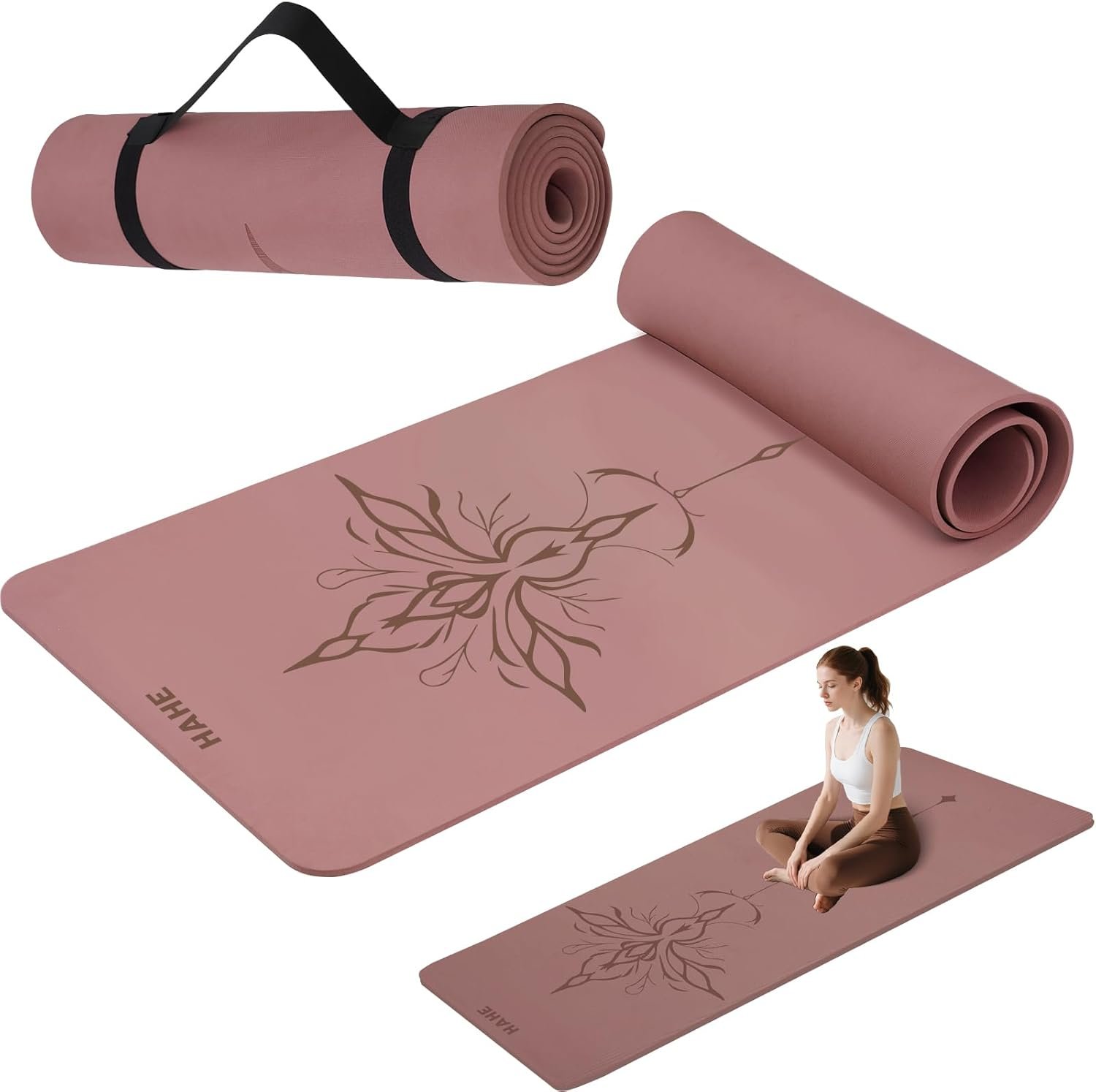 HAHE Yoga Mat Thick (8MM,1/3″), Eco-Friendly POE Non Slip Yoga Mat, High Rebound & Shock Absorption, Anti-Tear & Sweat-Resistant for Yoga, Fitness, Home, Workouts, Large Pilates Mats 72″x24″ with Carrying Strap (Dark Pink)