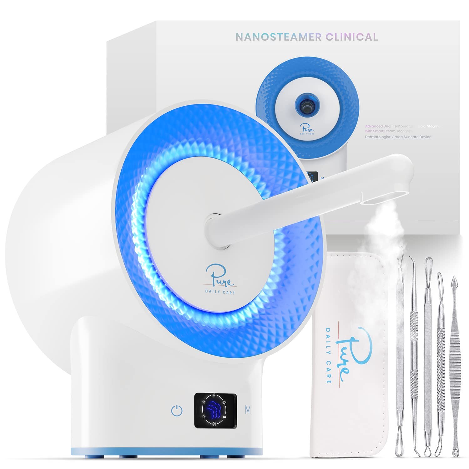 Pure Daily Care NanoSteamer Clinical 10-in-1 Smart Dermatologist Grade Ionic Facial Steamer – 2 Multi-Position Face Steamer Nozzles for Aromatherapy – 6 Pre-Porgrammed Modes – Include Extraction Set