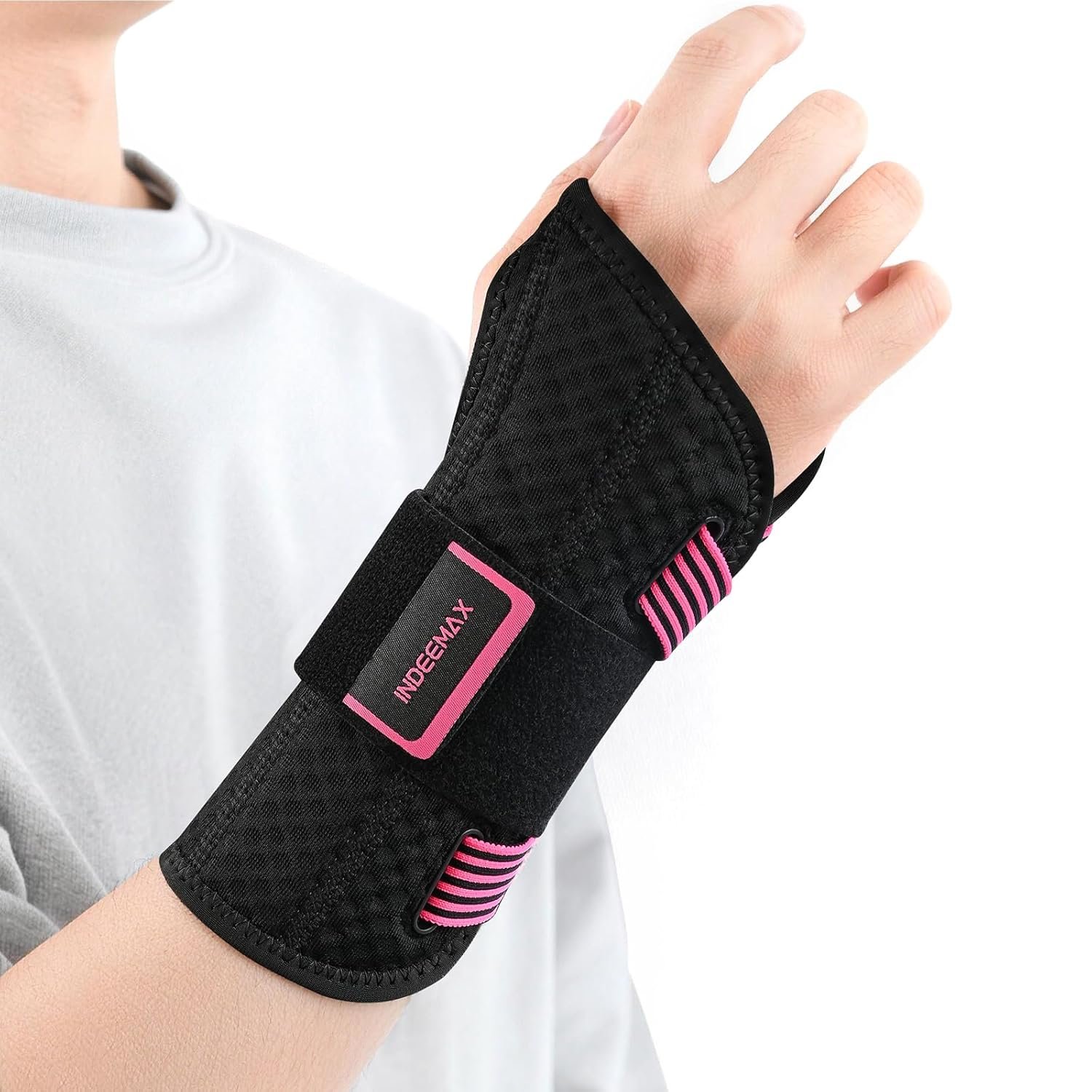 INDEEMAX Copper Carpal Tunnel Wrist Brace,Breathable Wrist Support for Women and Men,Ergonomic Wrist Splint Fit Right Hand for Work,Rigid Hand Brace for Tendonitis,Sprain,Arthritis,Pain Relief (Rose Pink/Black,S/M)