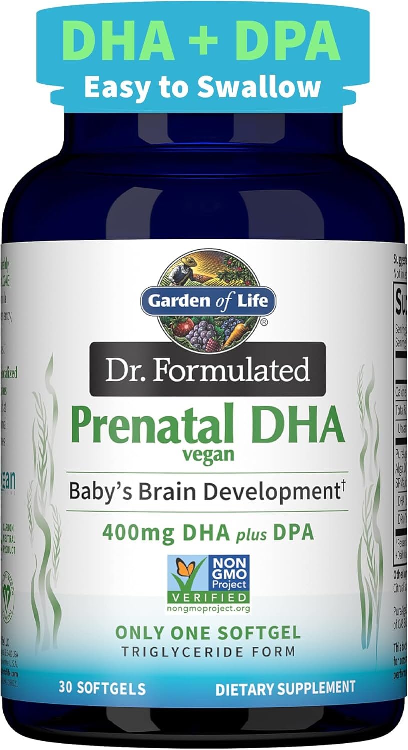 Garden of Life Dr. Formulated Prenatal Vegan DHA – Certified Vegan Omega 3 Supplement with 400mg DHA + DPA from Algal Omega 3 in Triglyceride Form, Non-GMO, 30 Softgels