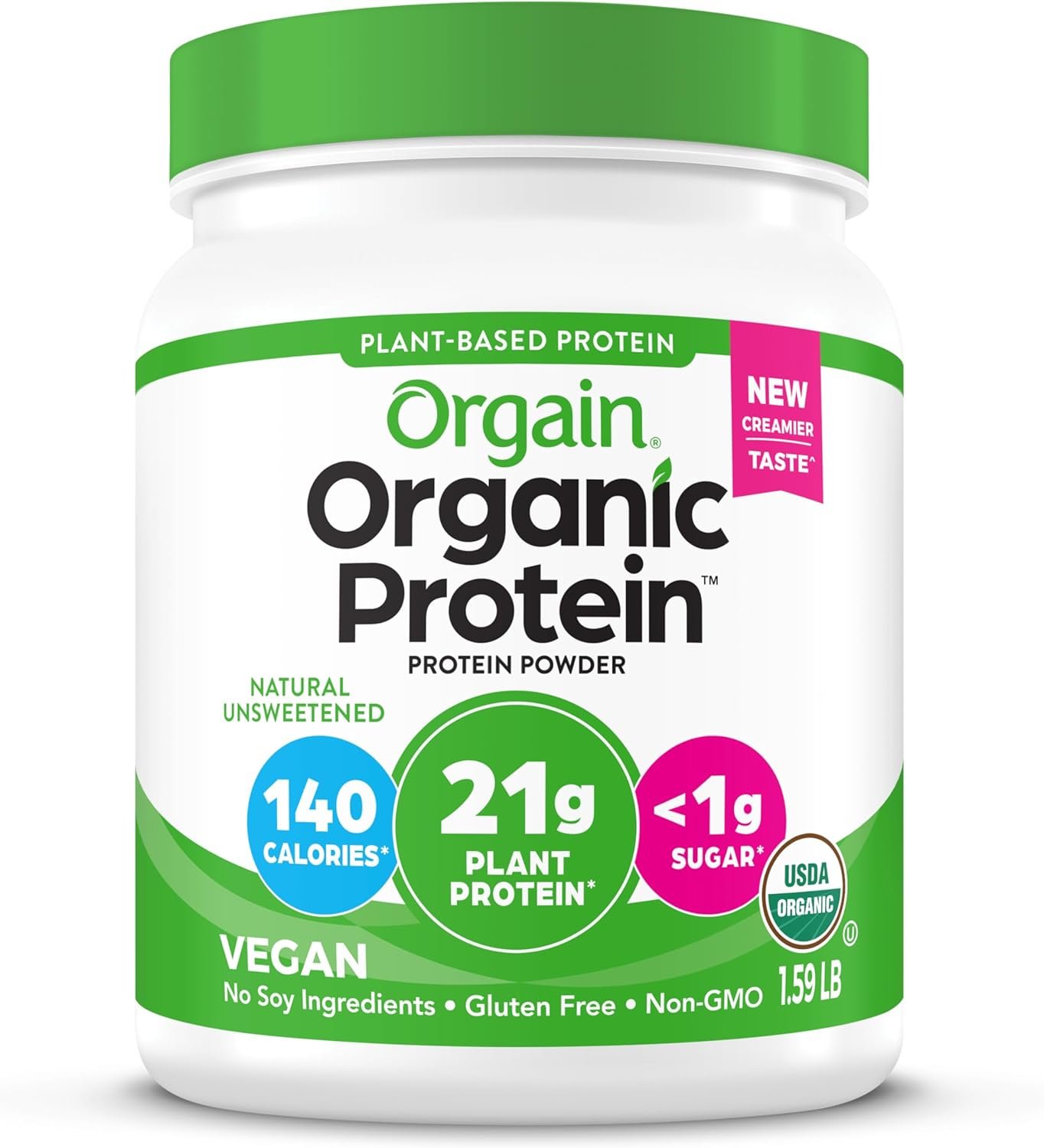 Orgain Organic Vegan Protein Powder, Natural Unsweetened – 21g of Unflavored Plant Protein, 4g Prebiotic Fiber, Low Net Carbs, No Added Sugar, Non-GMO, For Shakes & Recipes, 1.59 lb