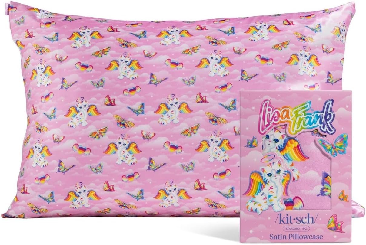 Lisa Frank x Kitsch Satin Pillowcase with Zipper for Hair & Skin – Softer Than Silk Pillow Cases, Smooth Cooling Satin Pillow Case, Wrinkle-Free Pillow Cases Standard Size (19×26) – Angel Kitty