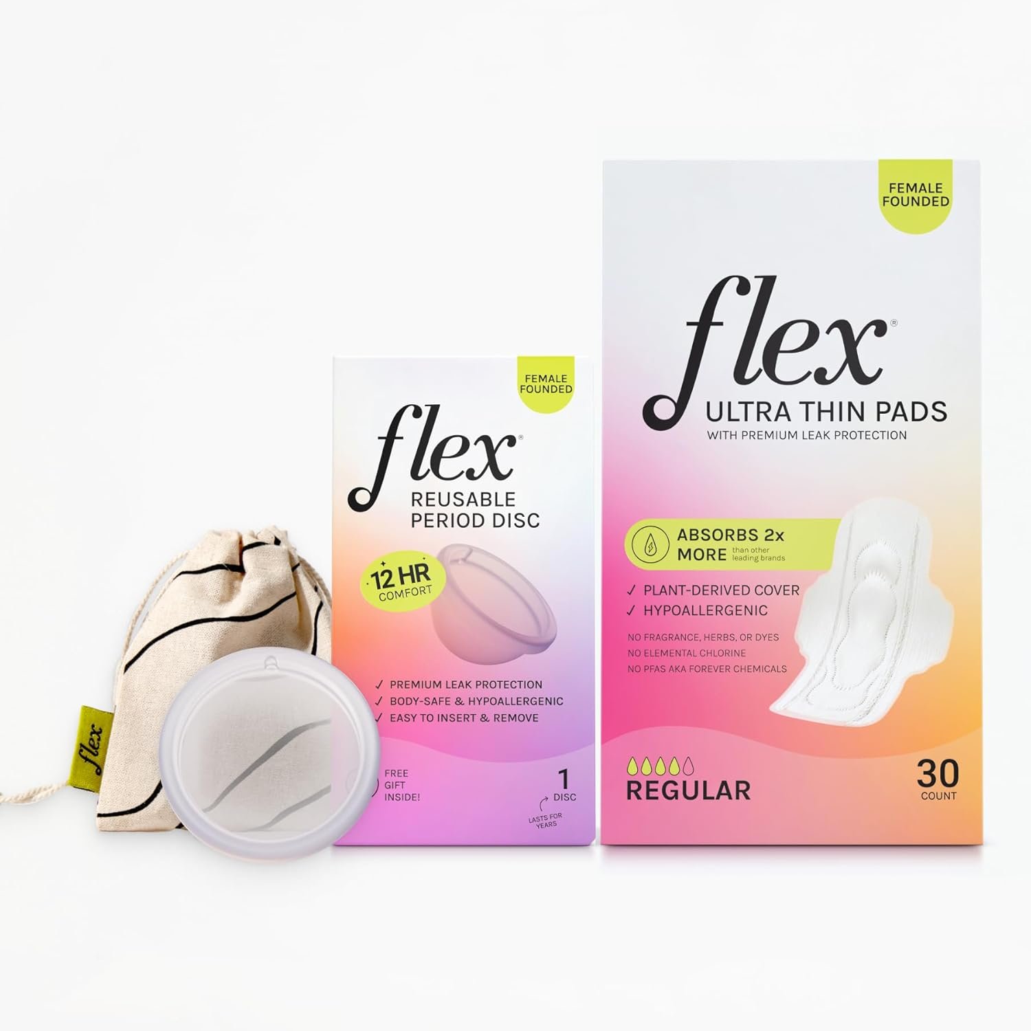 Flex Reusable Disc & Flex Ultra Thin Pads (30 Count) Bundle | Beginner-Friendly Tampon Alternative | Helps Fight Odor | Disc Capacity of 6 Super Tampons