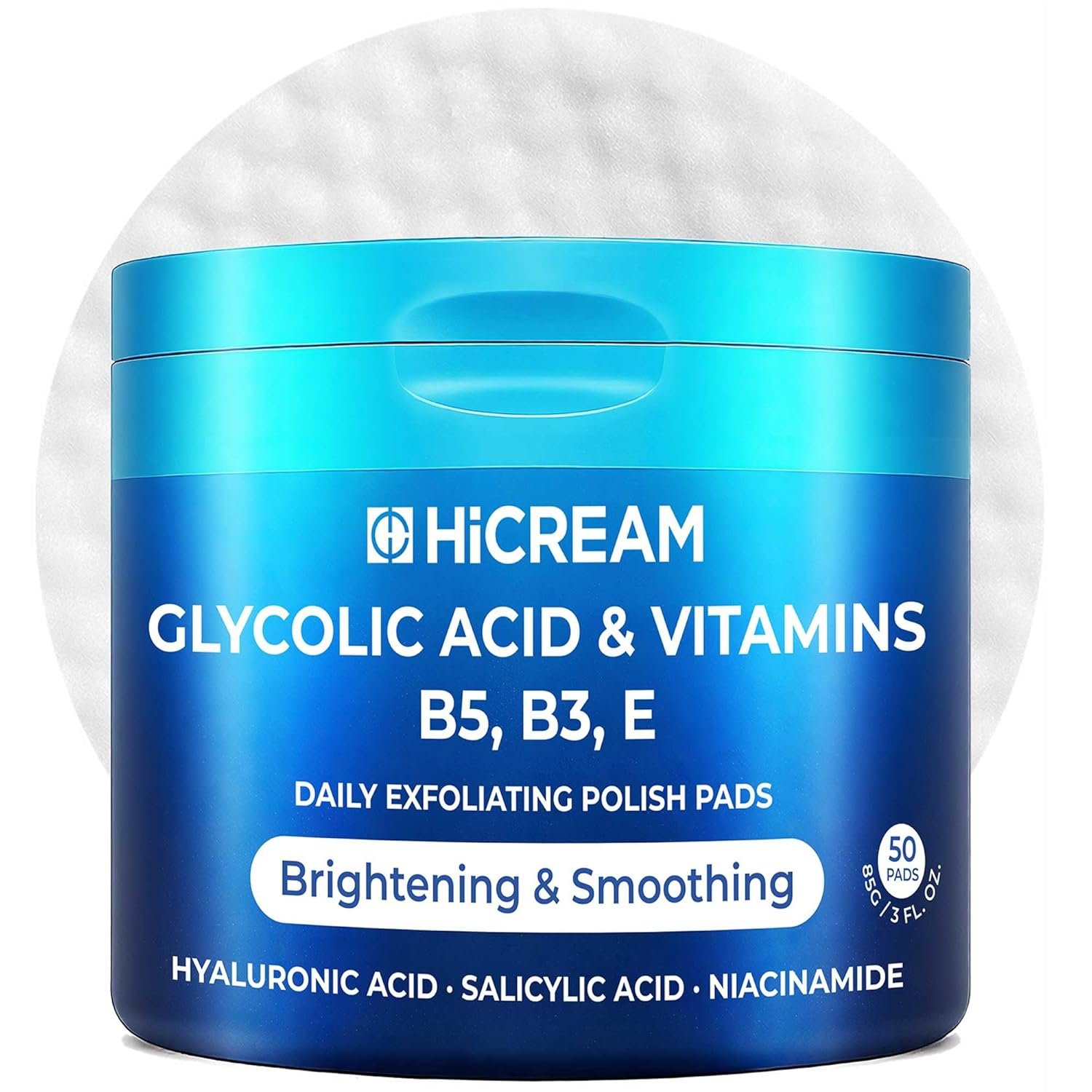 Hicream Glycolic Acid Pads, Dual-Textured Facial Exfoliating Toner for Pore Care & Skin Radiance, Deep Cleansing Peel with Niacinamide, Salicylic Acid & Vitamins E, B3, B5 (50 Pads)
