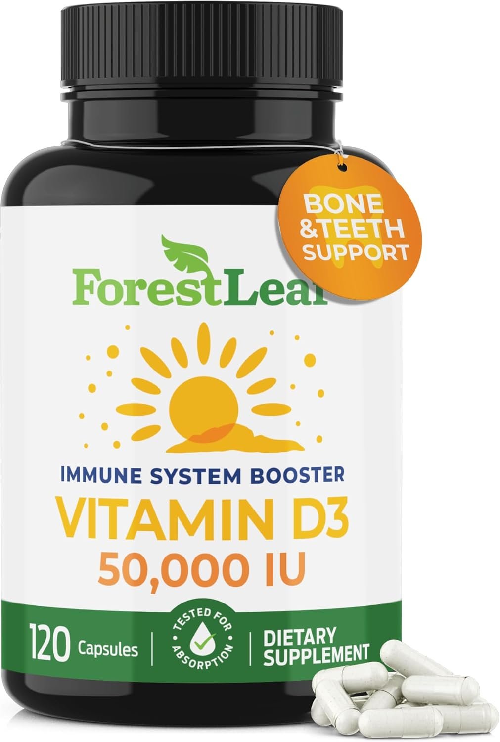 ForestLeaf Vitamin D3 50,000 IU | VIT D – Kosher VIT D3 Vitamin D Supplement for Women and Men | Bone Health, Teeth, Immune Support | Weekly Dose, 2-Year Supply, 120 Caps
