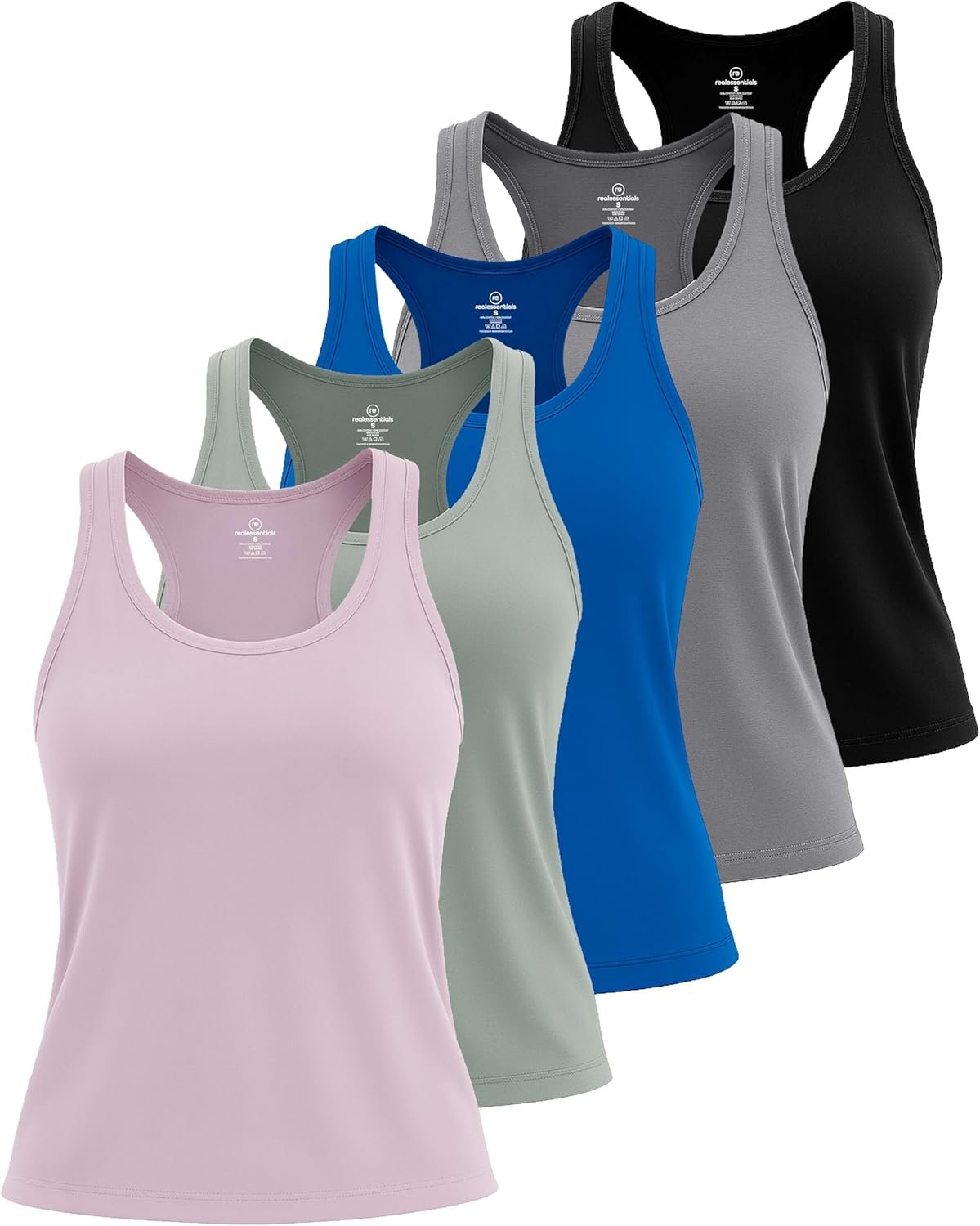 Real Essentials 5 Pack: Women’s Racerback Tank Top Dry-Fit Athletic Performance Yoga Activewear (Available in Plus Size)