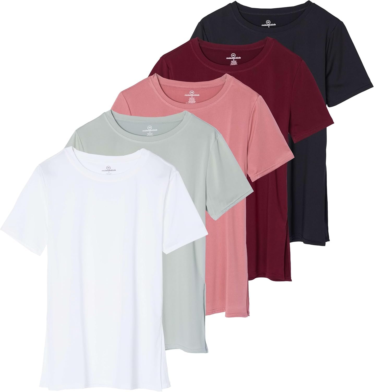 Real Essentials 5 Pack: Women’s Short Sleeve Active Workout T-Shirts – Dry Fit Gym Tops with Split Hem (Plus Sizes)