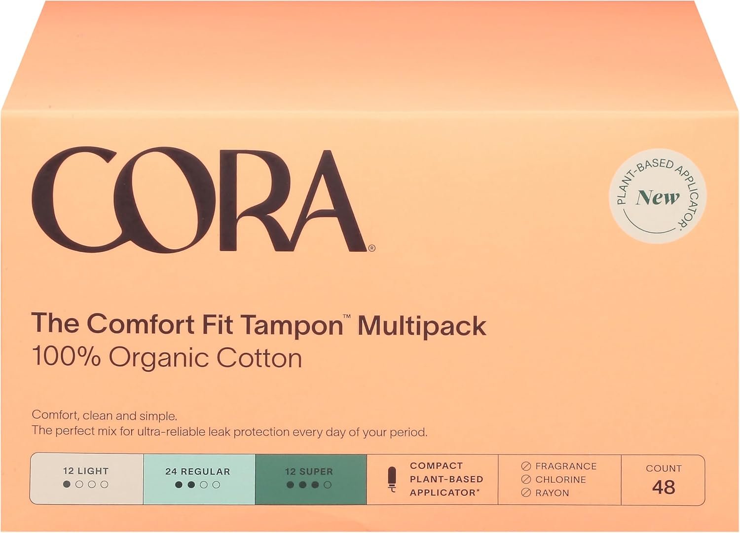 Cora, The Comfort Fit Tampon with Applicator 100% Organic Cotton Multipack Light, Regular, Super, 48 Count