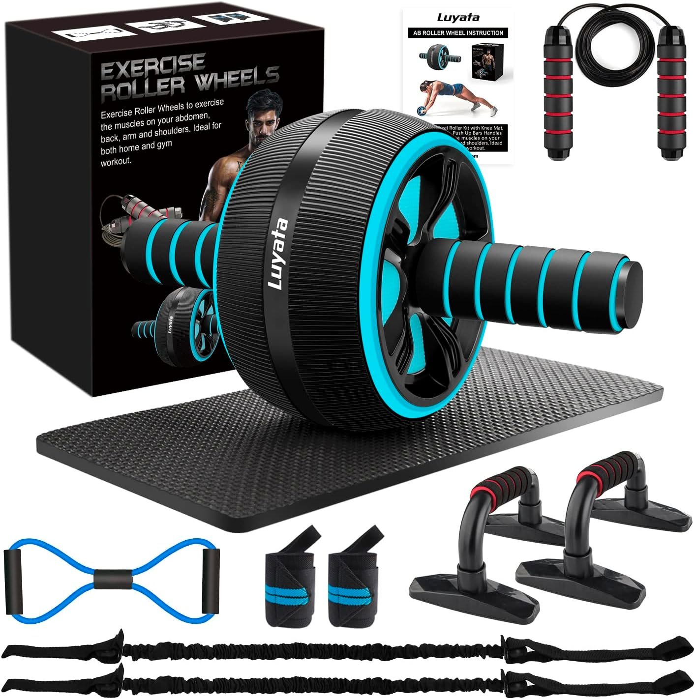 Ab Roller Wheel, 10-In-1 Ab Exercise Wheels Kit with Resistance Bands, Knee Mat, Jump Rope, Push-Up Bar – Home Gym Equipment for Men Women Core Strength & Abdominal Exercise