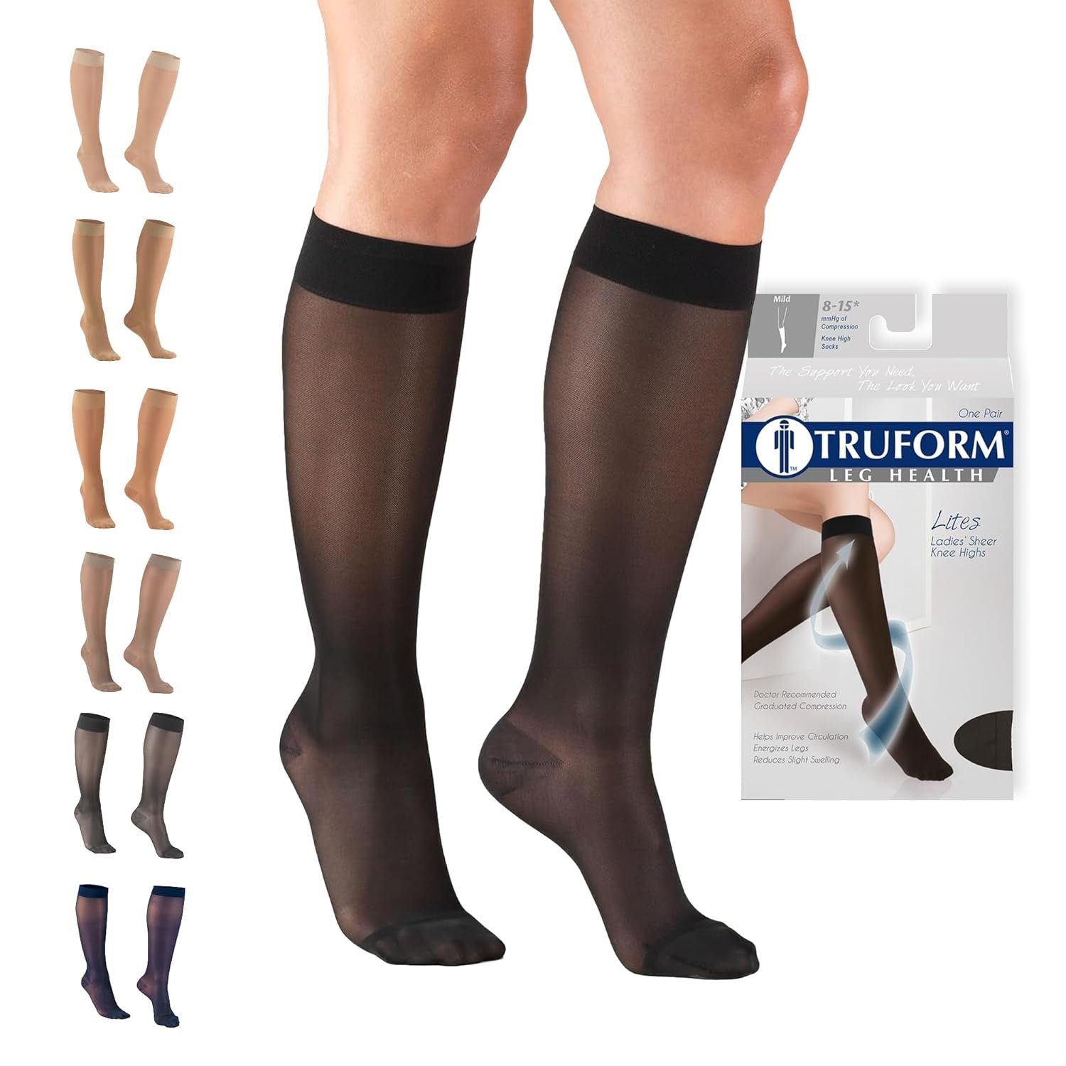 Truform Sheer Compression Stockings, 8-15 mmHg, Women’s Knee High Length, 20 Denier, Black, Medium