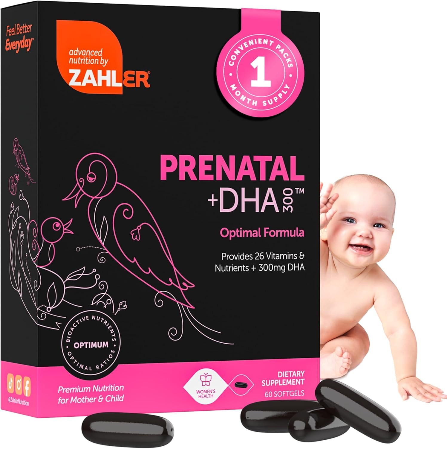 Zahler Prenatal +DHA 300 – Prenatal Vitamin with Methylated Folate & DHA for Pregnant Women – Support for Mom & Baby – Kosher, Gluten Free, Dairy Free – 60 Softgels