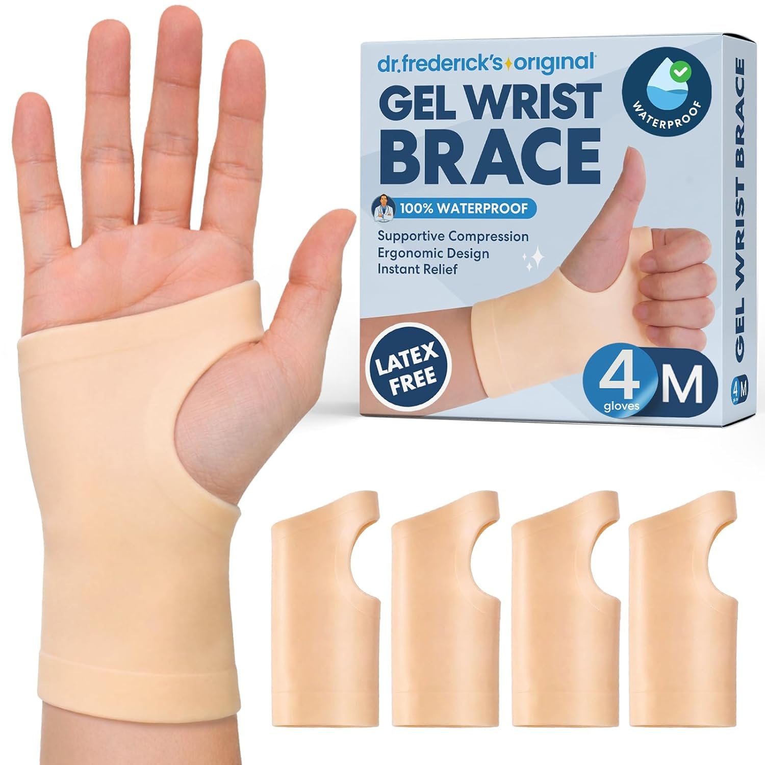 Dr. Frederick’s Original Gel Wrist Brace – 4 ct – Waterproof Fingerless Compression Sleeve – Mild Carpal Tunnel, Arthritis & Tendonitis Relief – Fits Left & Right Hand – Men & Women – Medium