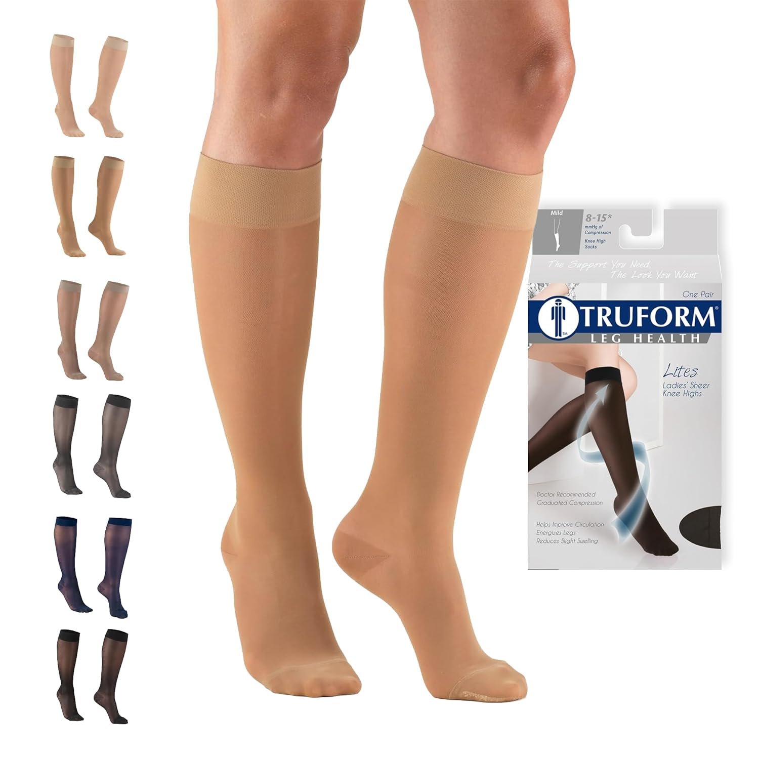 Truform Sheer Compression Stockings, 8-15 mmHg, Women’s Knee High Length, 20 Denier, Beige, Large