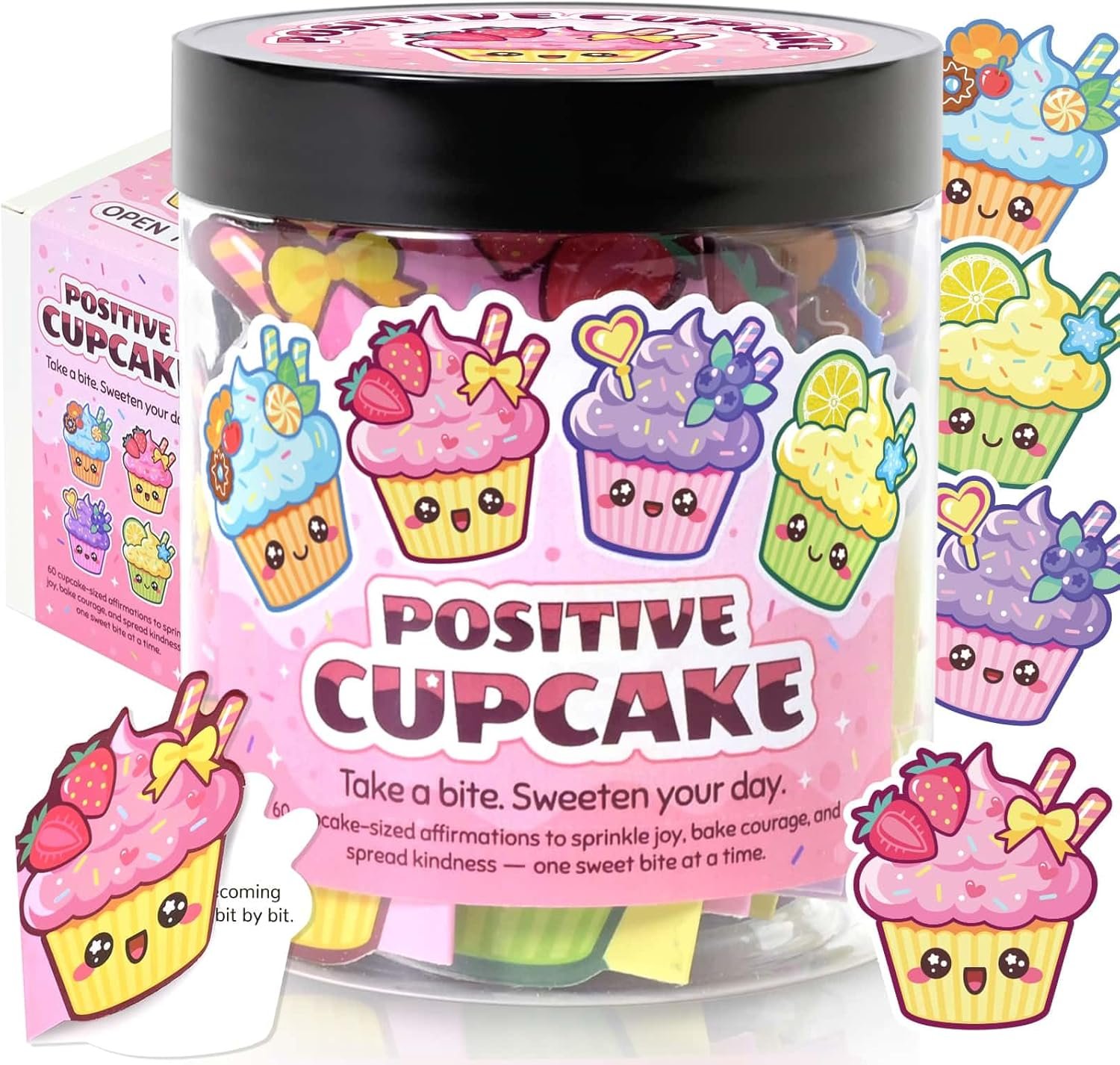 WERNNSAI Cupcake Positive Affirmation Jar – 60 PCS Affirmation Cards for Women Inspirational Cards Jar Daily Positive Quotes Card Self Care Gift for Kids Teens Birthday Gifts