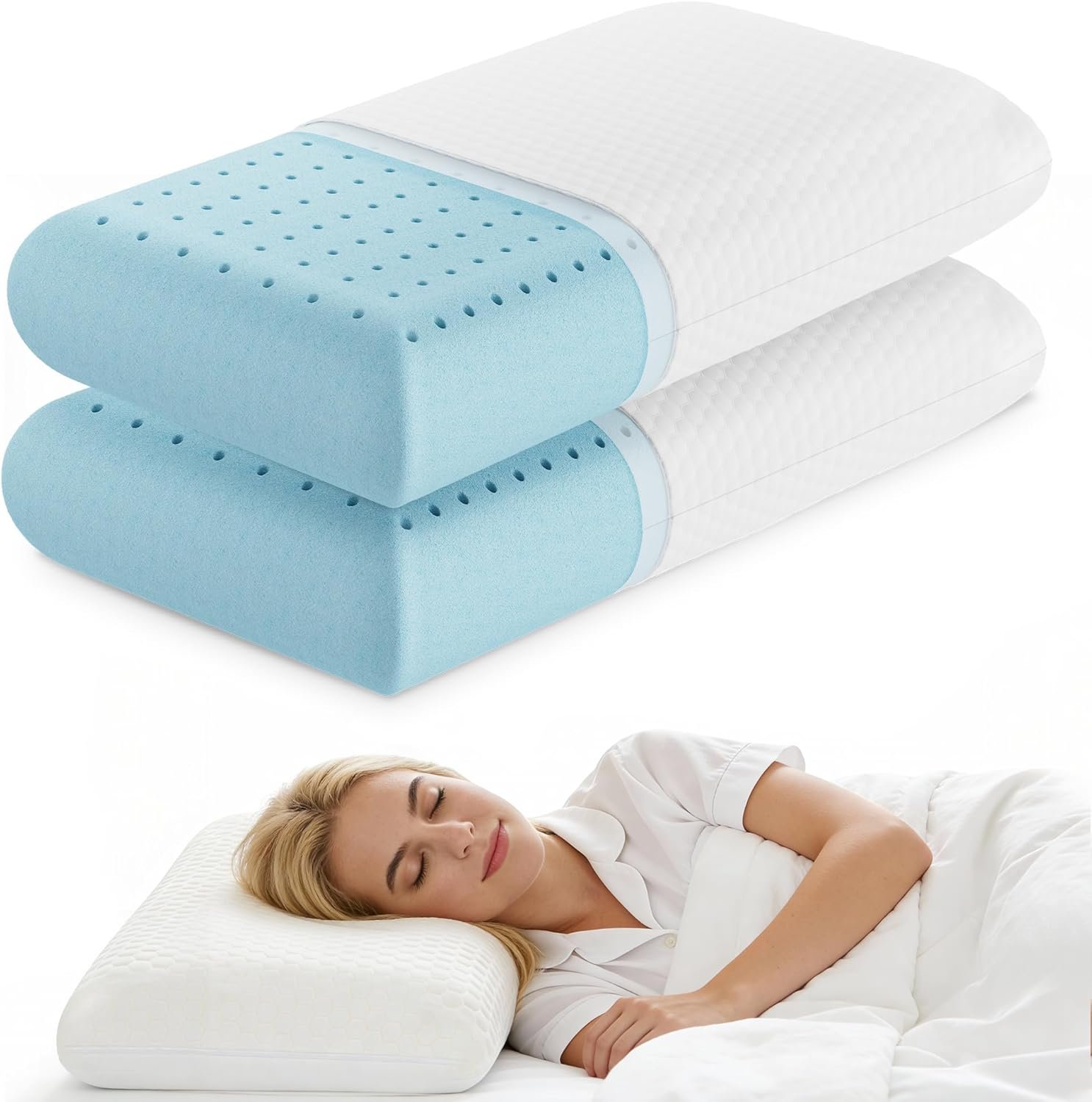Sweetcrispy Cooling Gel Memory Foam Pillows for Sleeping, Back and Side Sleeper Support, Standard Size-Medium Firm, Bed Pillows for Adults with Washable Cover and Breathable Mesh – 2 Pack, White