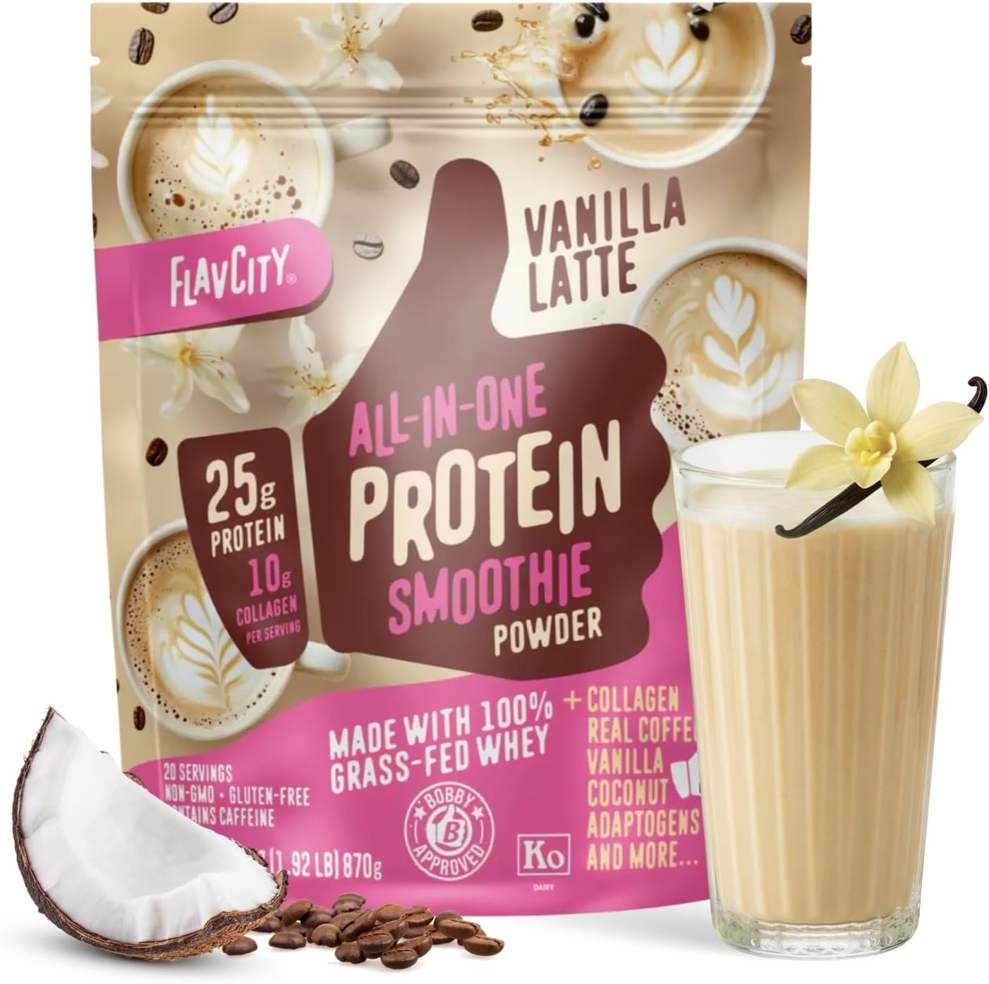 FlavCity All in One Protein Shake Powder, Vanilla Latte – 60mg Caffeine + Collagen Peptides, Reishi & Cordyceps – Focus, Skin, Hair & Joint Support – 100% Grass Fed Whey, 20 Servings