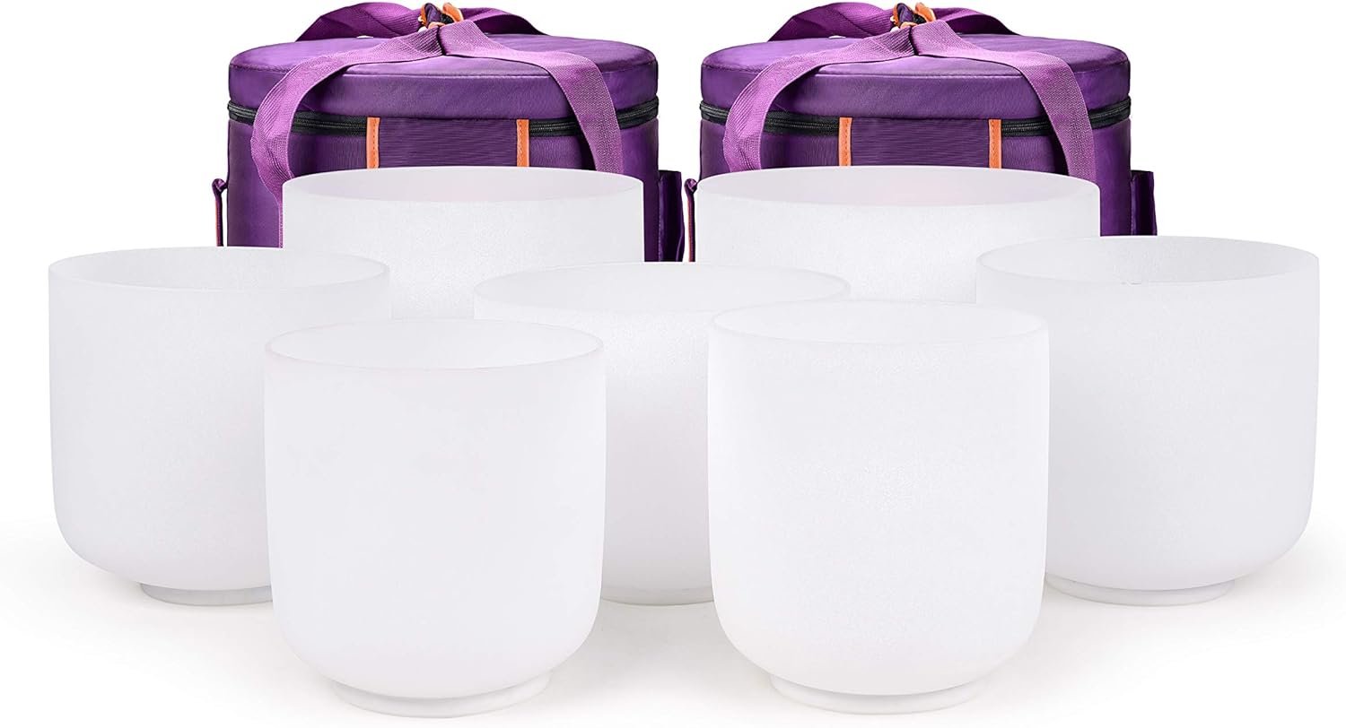 TOPFUND Chakra Set of 7 Crystal Singing Bowls 6-10 inch with Heavy Duty Carrying Cases and Singing Bowl Mallets
