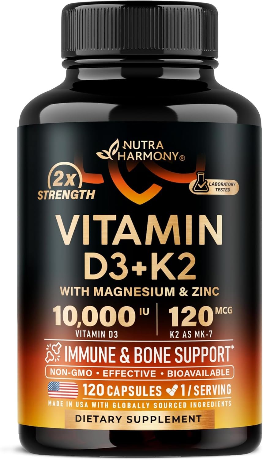 Vitamin D3 K2 – Vitamin D3 10000 iu & K2 as MK-7 120 mcg – Immune & Mood Support, for Bone & Teeth Health – with Magnesium, Zinc & Vitamin C & B12 – Highly Bioavailable – Gluten Free, 120 Capsules