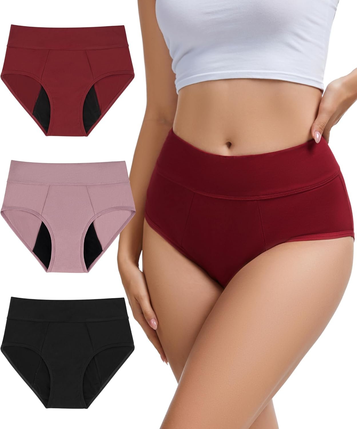 YESWEL Period Underwear for Women, Leak-proof Reusable High Waisted Briefs Menstrual Panties, Heavy Flow, Cotton 3 Pack