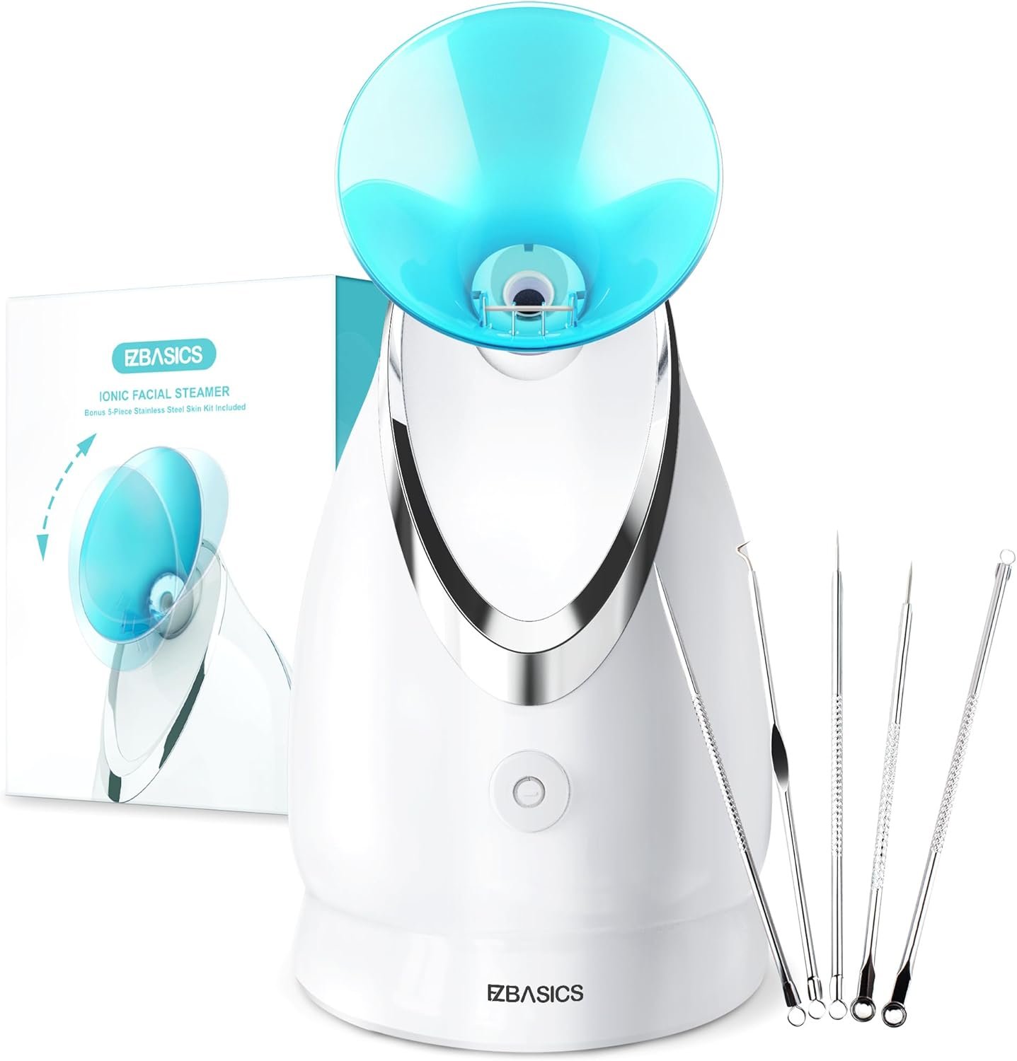 EZBASICS Facial Steamer – Professional Nano Ionic Face Steamer for Facial Deep Cleaning, Warm Mist Humidifier for Home Spa, Unclogs Pores Sinus, Bonus 5 Piece Stainless Steel Skin Kit (Blue)