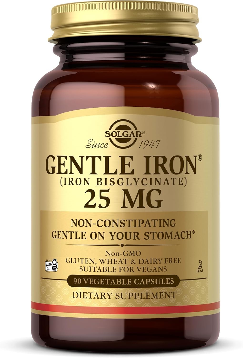 Solgar Gentle Iron 25mg, 90 Vegetable Capsules – Energy, Normal Red Blood Cell Production – Gentle on the Stomach – Non-GMO, Vegan, Gluten Free, Dairy Free, Kosher – 90 Servings