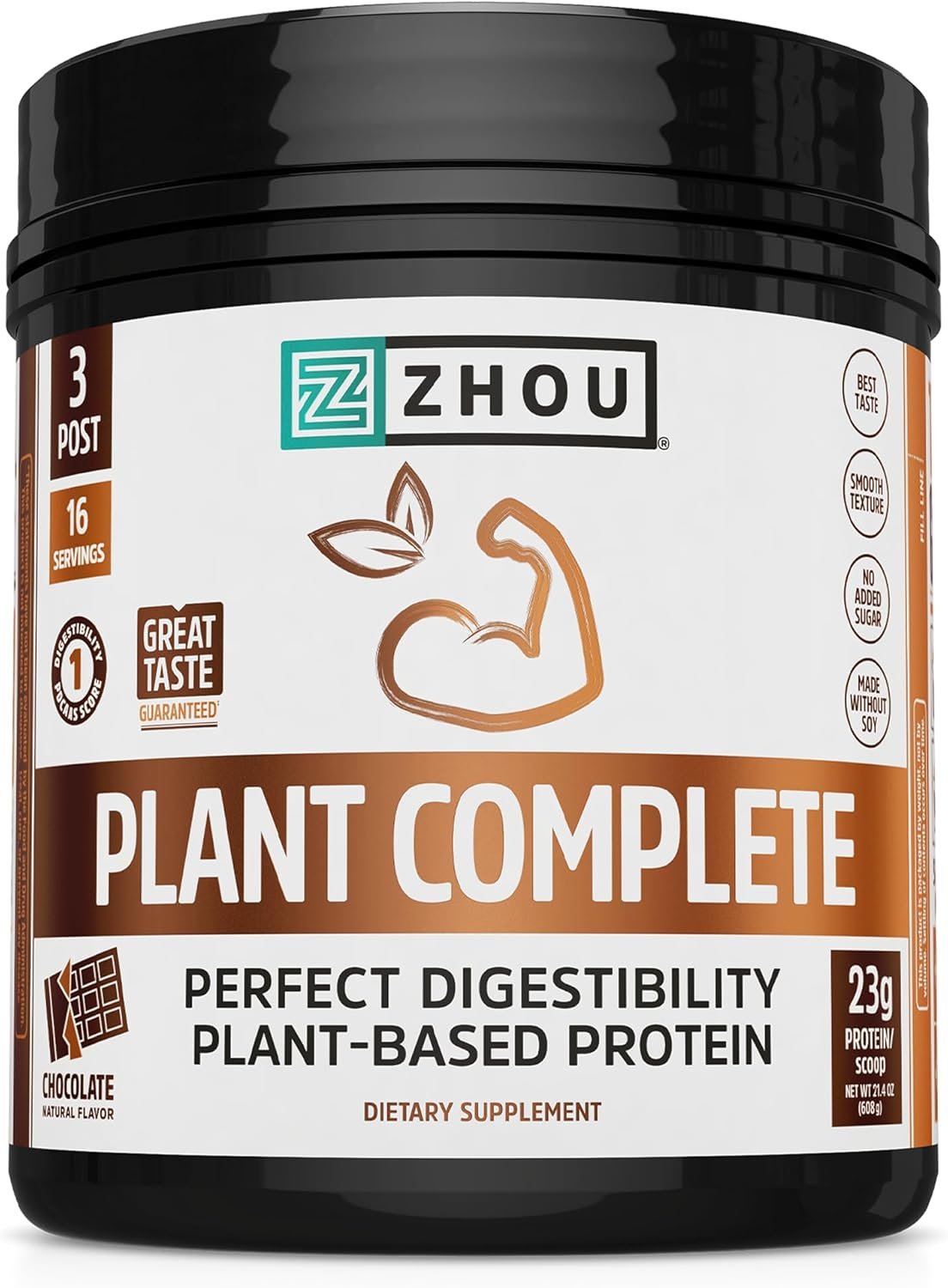 Zhou Plant Complete Vegan Protein Powder – Plant Based, for Women & Men, Non Dairy Rice & Pea Blend for Smoothies & Shakes, 21g Per Serving – Chocolate, 17.7Oz (16 Servings)
