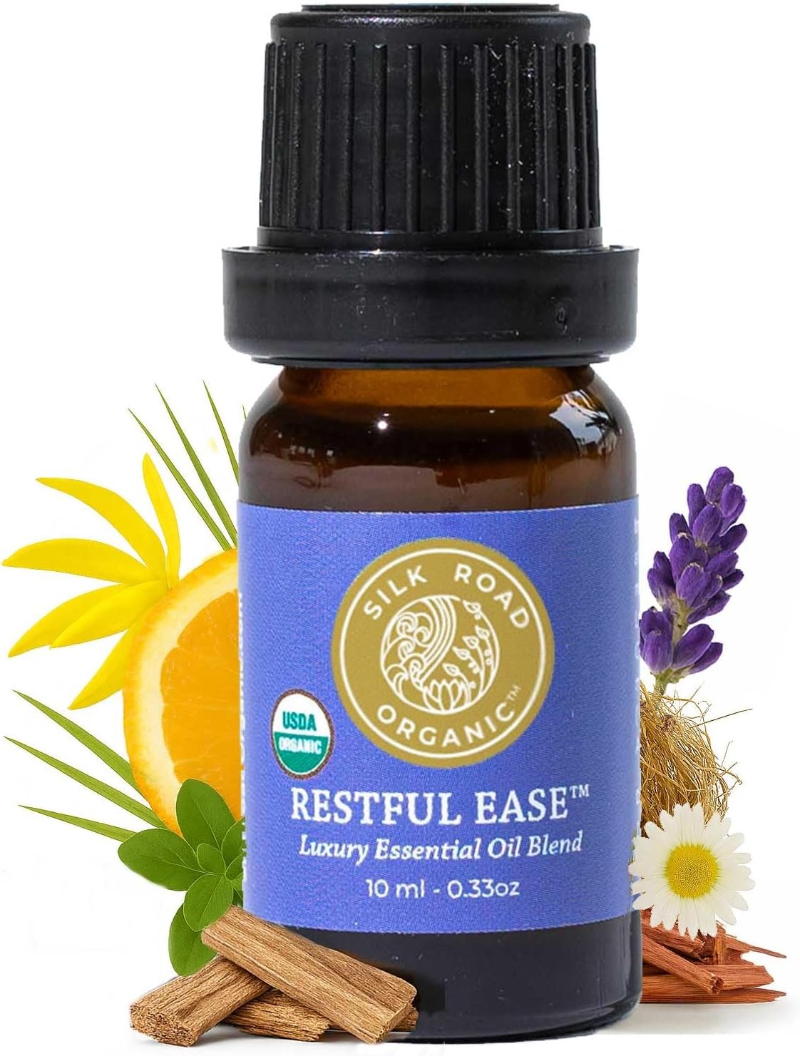 Silk Road Organic Restful Ease Essential Oil Sleep & Stress Blend – 100% Pure USDA Certified with Indian Sandalwood – Stress Ease Aromatherapy & Calming Relaxation – 10 ml Dropper