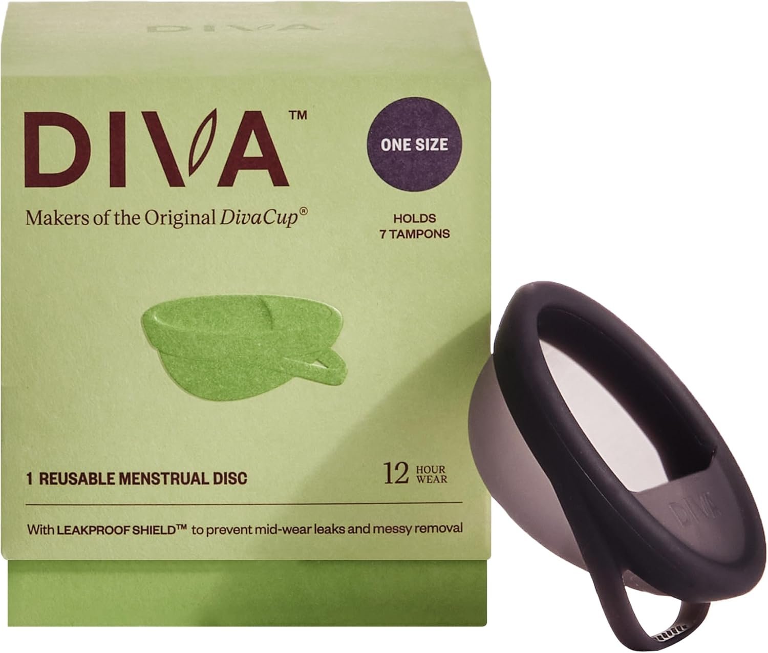 Diva Disc – Comfortable, Reusable Menstrual Disc with Leakproof Shield – for Up to 12 Hours of Continuous Wear – 100% Medical Grade Silicone – Holds 7 Tampons of Flow – One Size Fits Most