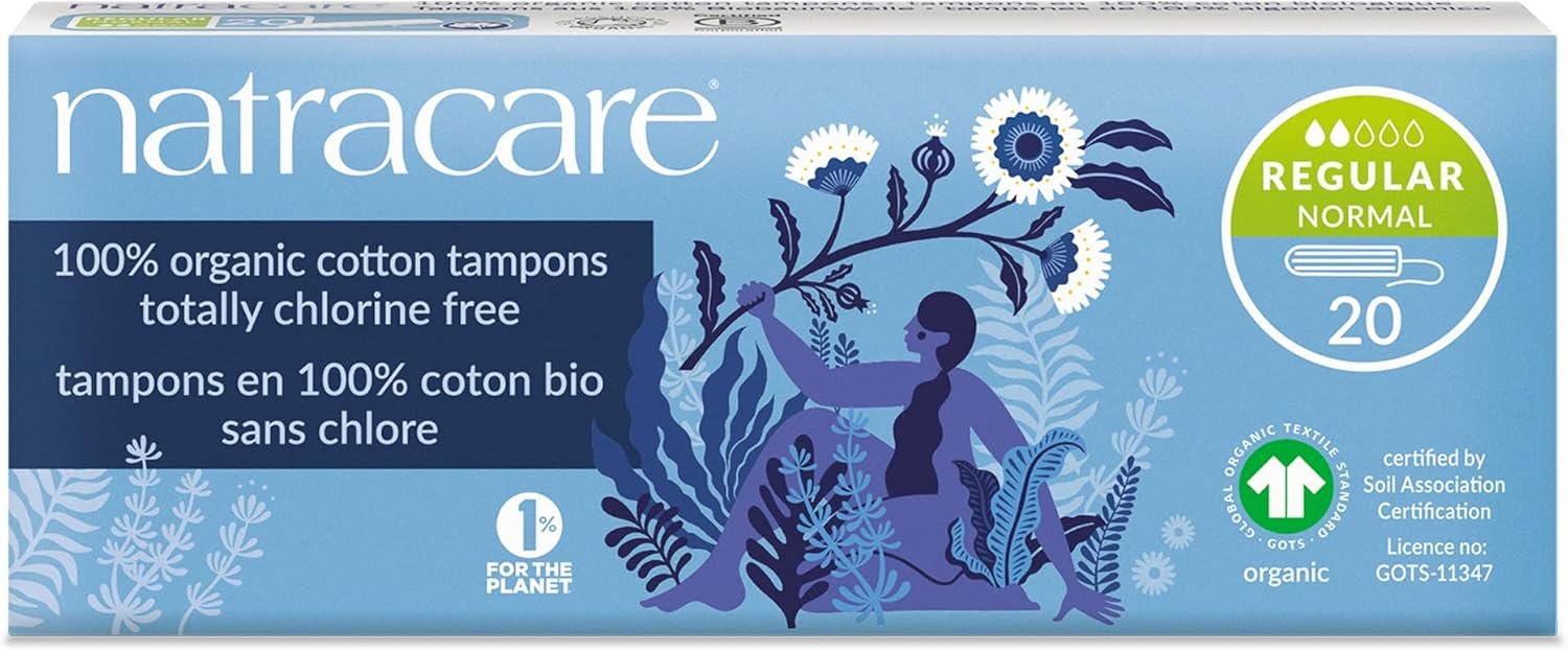 Natracare Non-Applicator 100% Organic Cotton Tampons, Regular, Totally Chlorine Free, Biodegradable and Compostable (1 Pack, 20 Tampons Total)