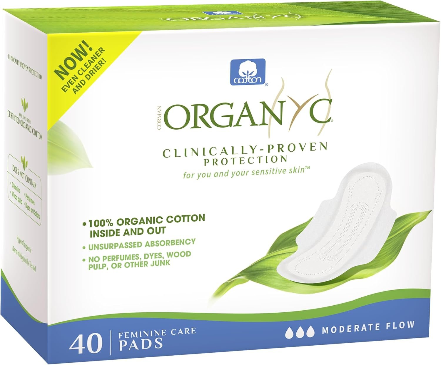 Organyc – 100% Certified Organic Cotton Inside and Out Feminine Pads, Sanitary Napkin 40 Count, Moderate Flow, Regular Absorbency, New Larger Size Packaging