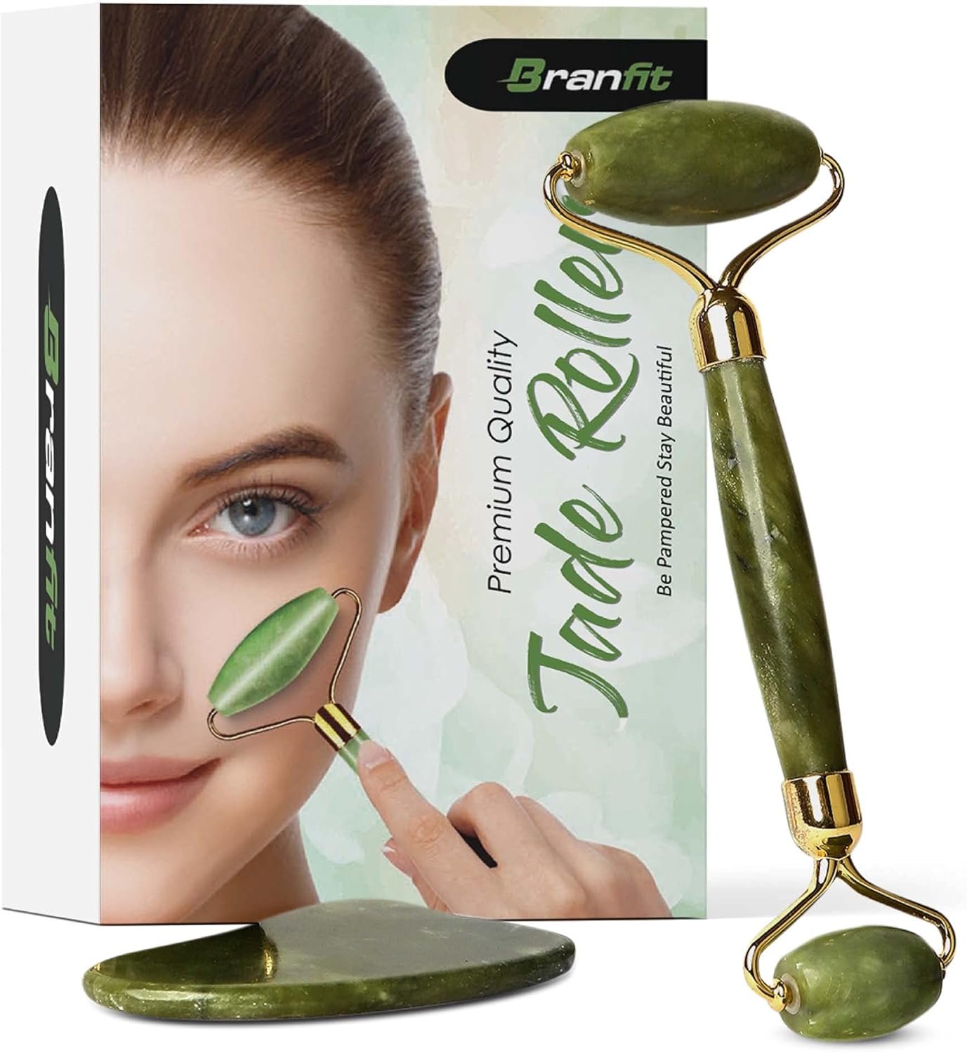 Gua Sha Massage Tool Jade Roller Skin Care Kit by Branfit, 100% Natural Jade Roller Beauty Product for Anti-Aging & Anti-Wrinkle Treatment, Massager Wand for Neck and Puffy Eye Area