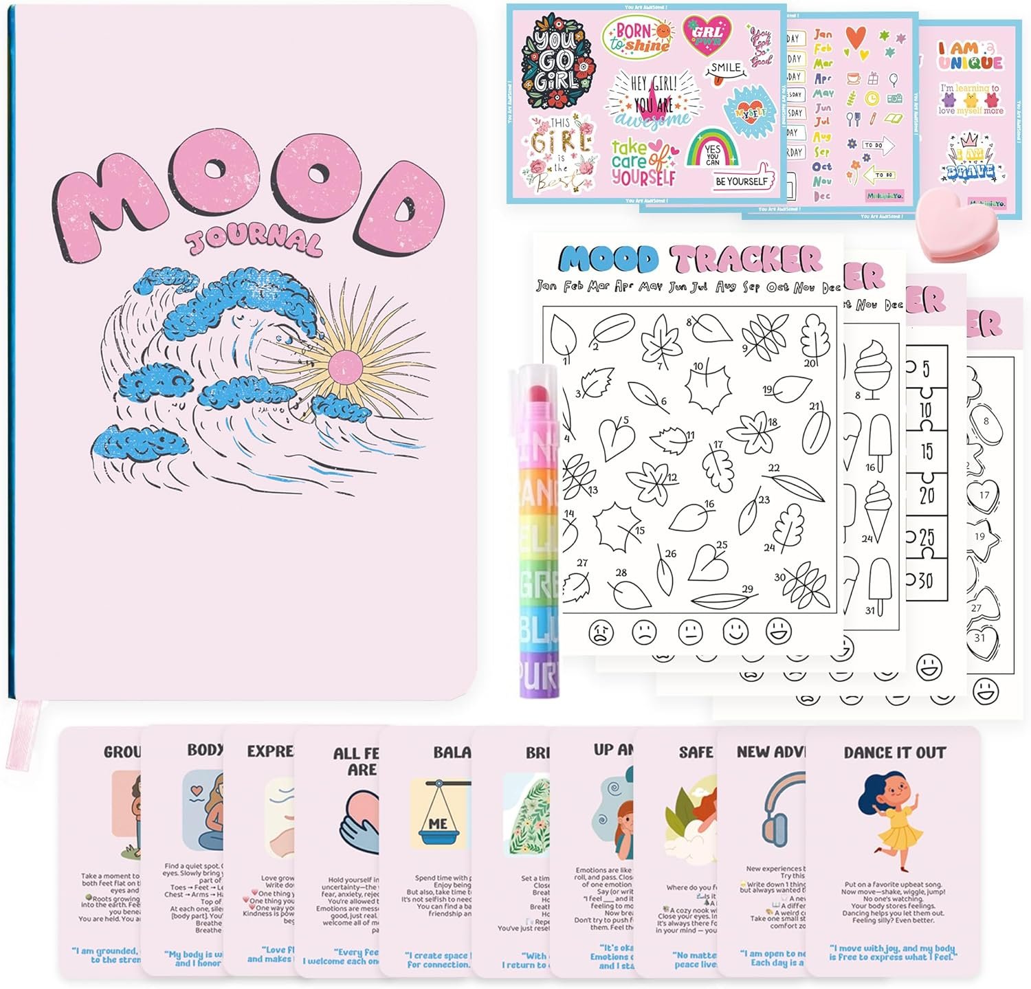 Mood Tracker Journal Set for Teen Girls & Women | 126-Day Guided Mental Health & Self-Care Planner with Daily Check-In, Weekly Reflection, Mood Charts & Mindfulness Cards | Journal Gift Kit