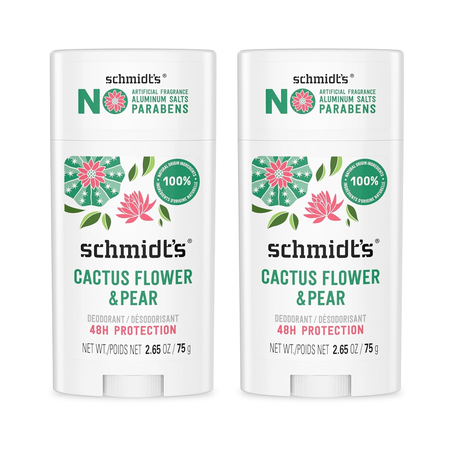 Schmidt’s Aluminum-Free Vegan Deodorant Cactus Flower & Pear with 24-Hour Odor Protection, 2 Count for Women and Men, Natural Ingredients, Cruelty-Free, 2.65 oz