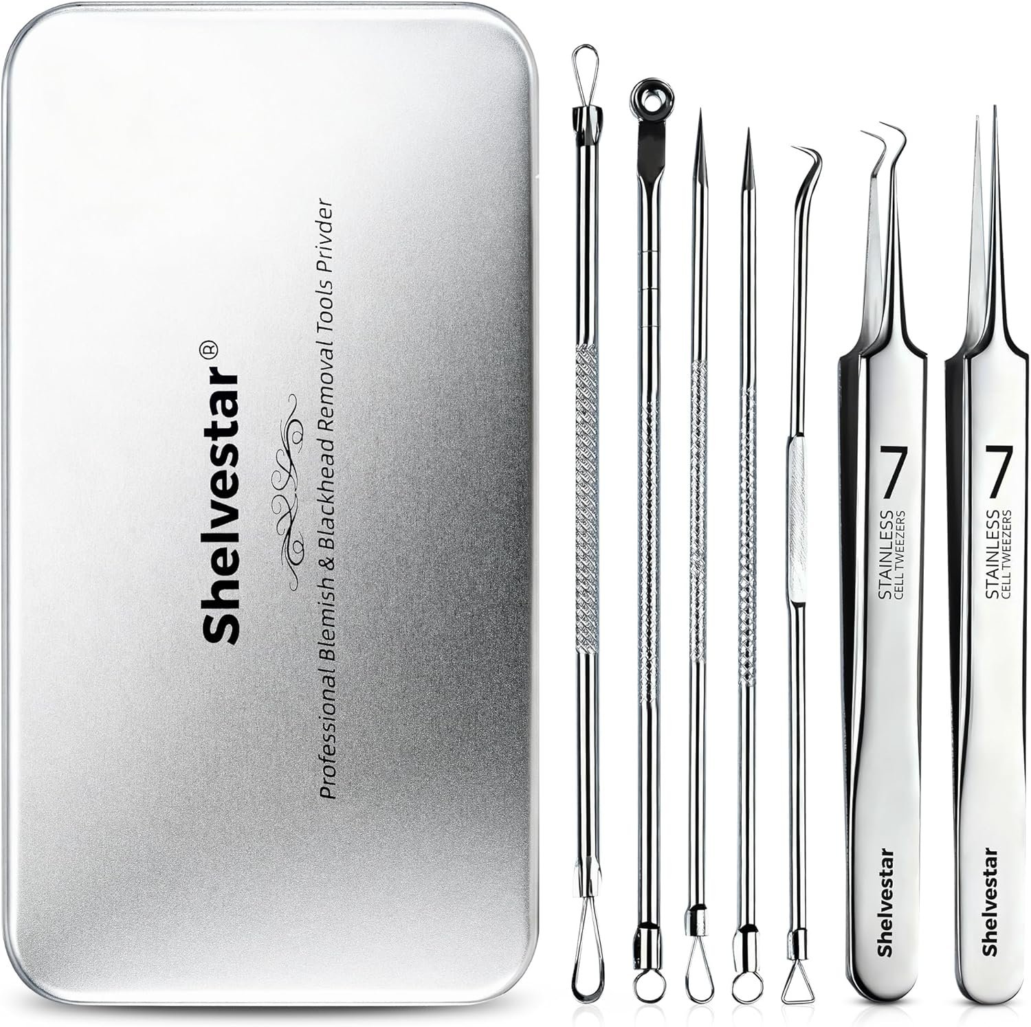 Pimple Popper Tool Kit, 7 PCS Professional Stainless Steel Blackhead Remover Comedone Extractor Tools for Removing Zit on Face – Silver