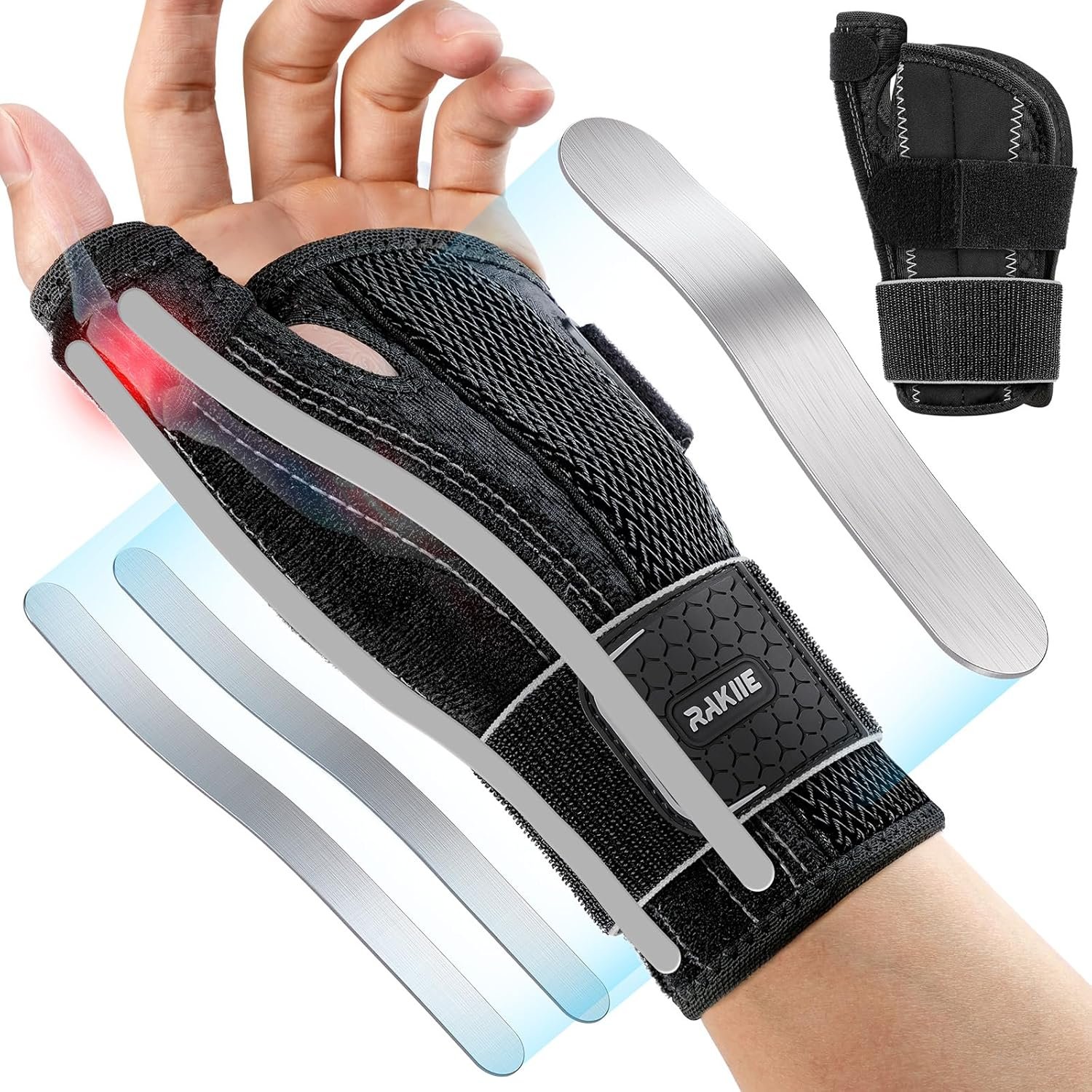 Rakiie Carpal Tunnel Wrist Brace for Left Hand, Thumb Spica Splint for De Quervain’s Tenosynovitis & Tendonitis, Night Support Brace for Women Men, 5X Flexible Support & 3 Adjustable Straps, Gray S/M