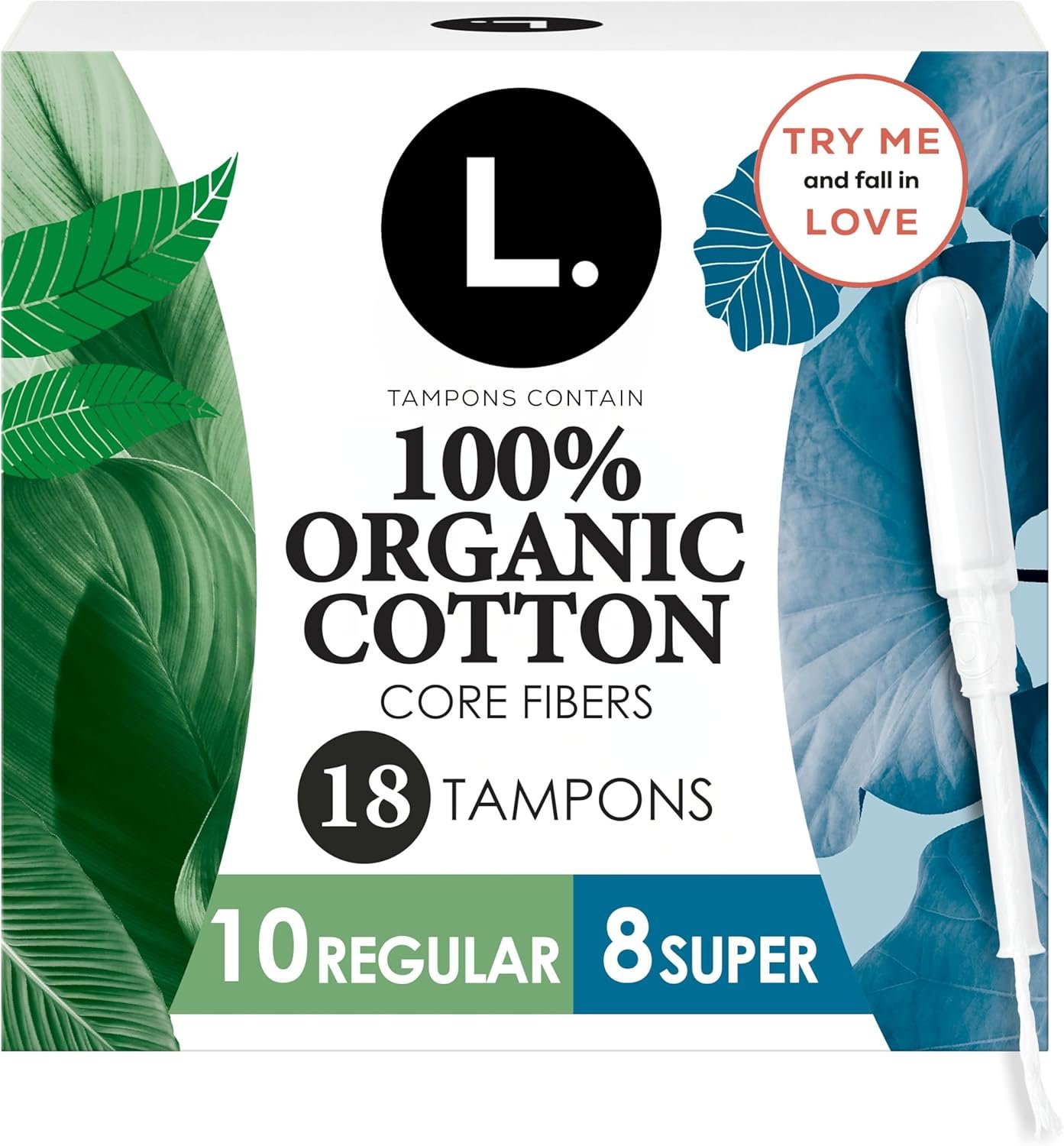 L. Tampons, Made with Organic Cotton, Regular/Super Absorbency, Multipack, Made Without Synthetic Pesticides, Rayon or Fragrances, Applicator Made Without BPA, Leak-Stopping Design, 18 Count