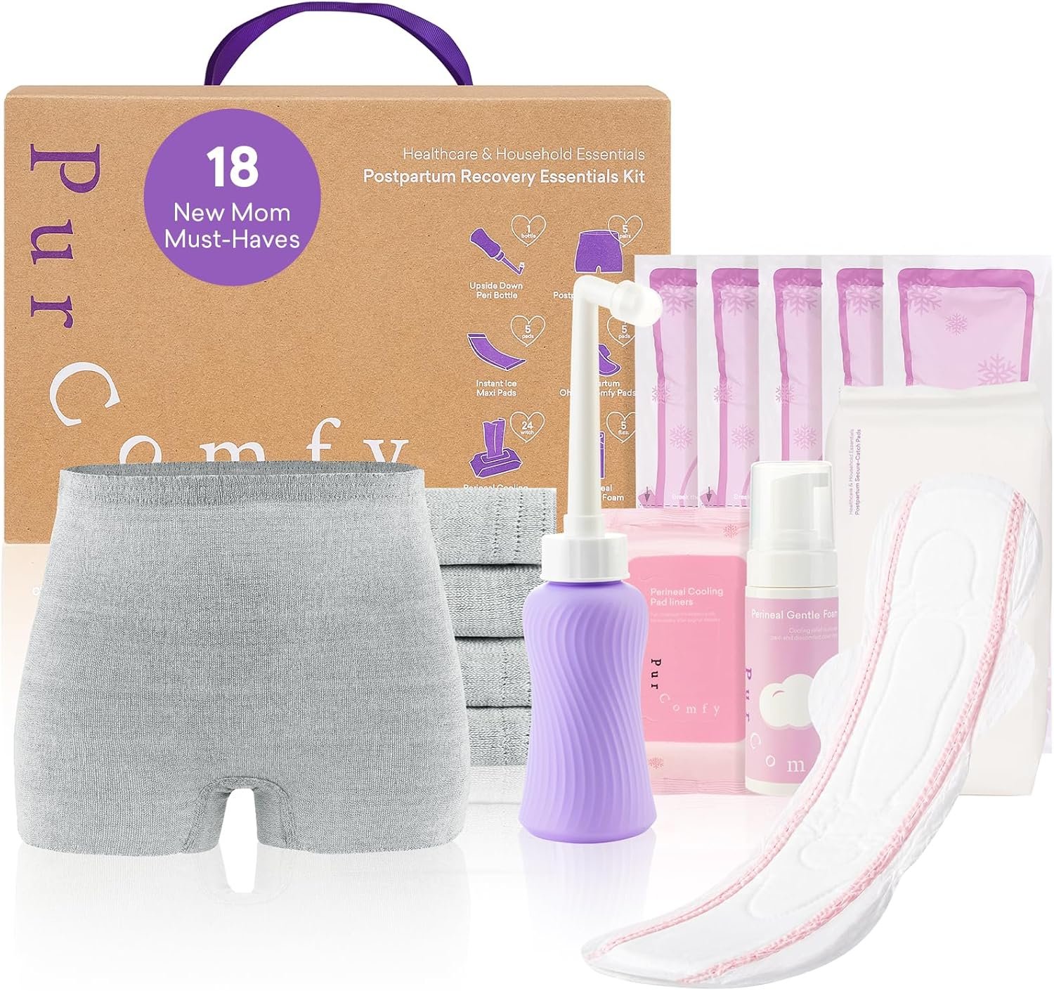PurComfy 18 Pcs Postpartum Essentials Recovery Kit, Includes 5 Disposable Underwear, 24 Perineal Pad Liners, Perineal Care Foam, 5 Instant Ice Pads, Peri Bottle and 5 Postpartum Pads