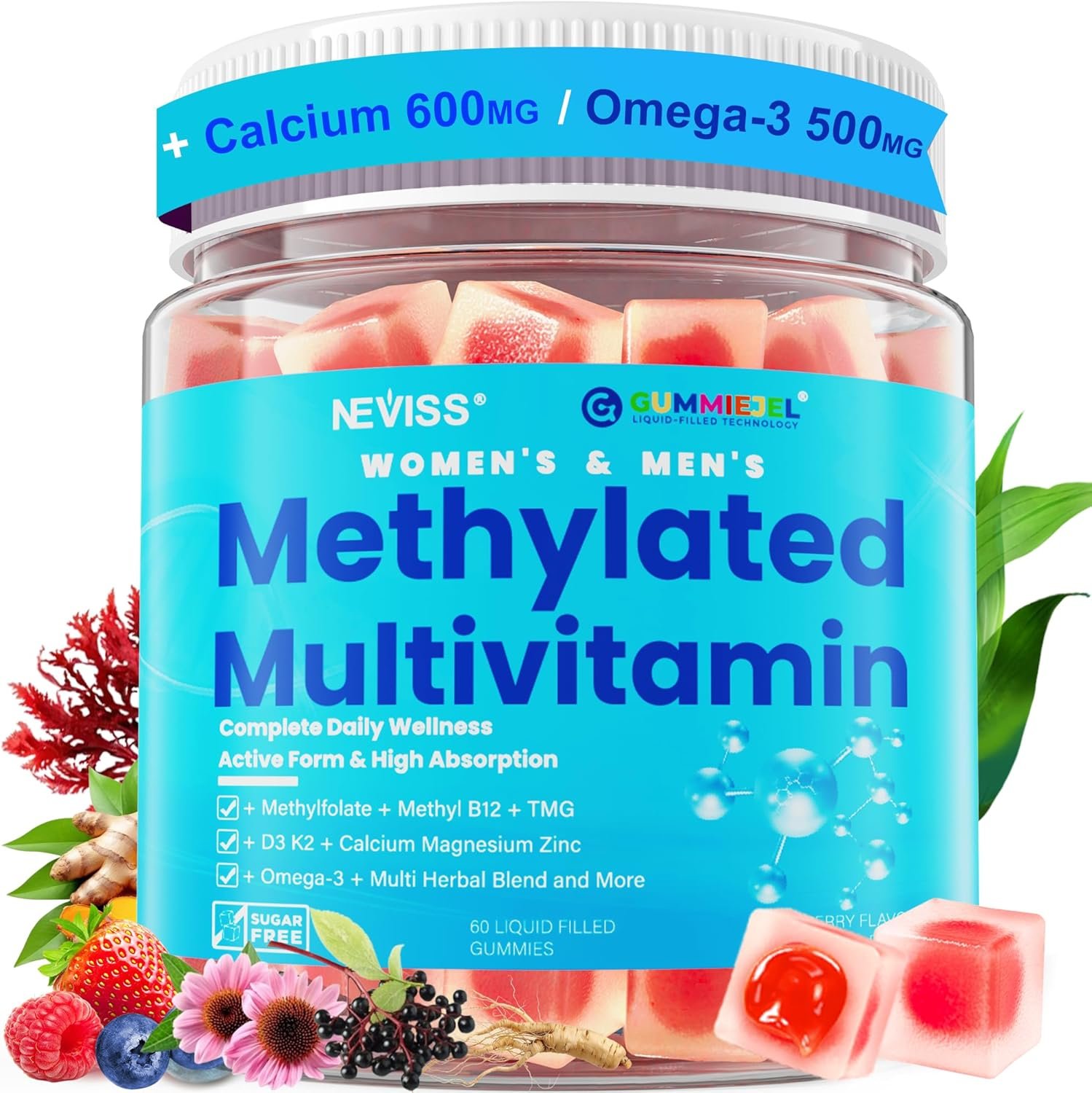 Methylated Multivitamin for Women & Men Gummies w/ Omega-3, Calcium, D3 K2, Methylfolate & B12, TMG, Daily Vitamins, Mag, CoQ10, Probiotic for 18 30 40 50 60 70+, Overall Health – Vegan, Sugar Free