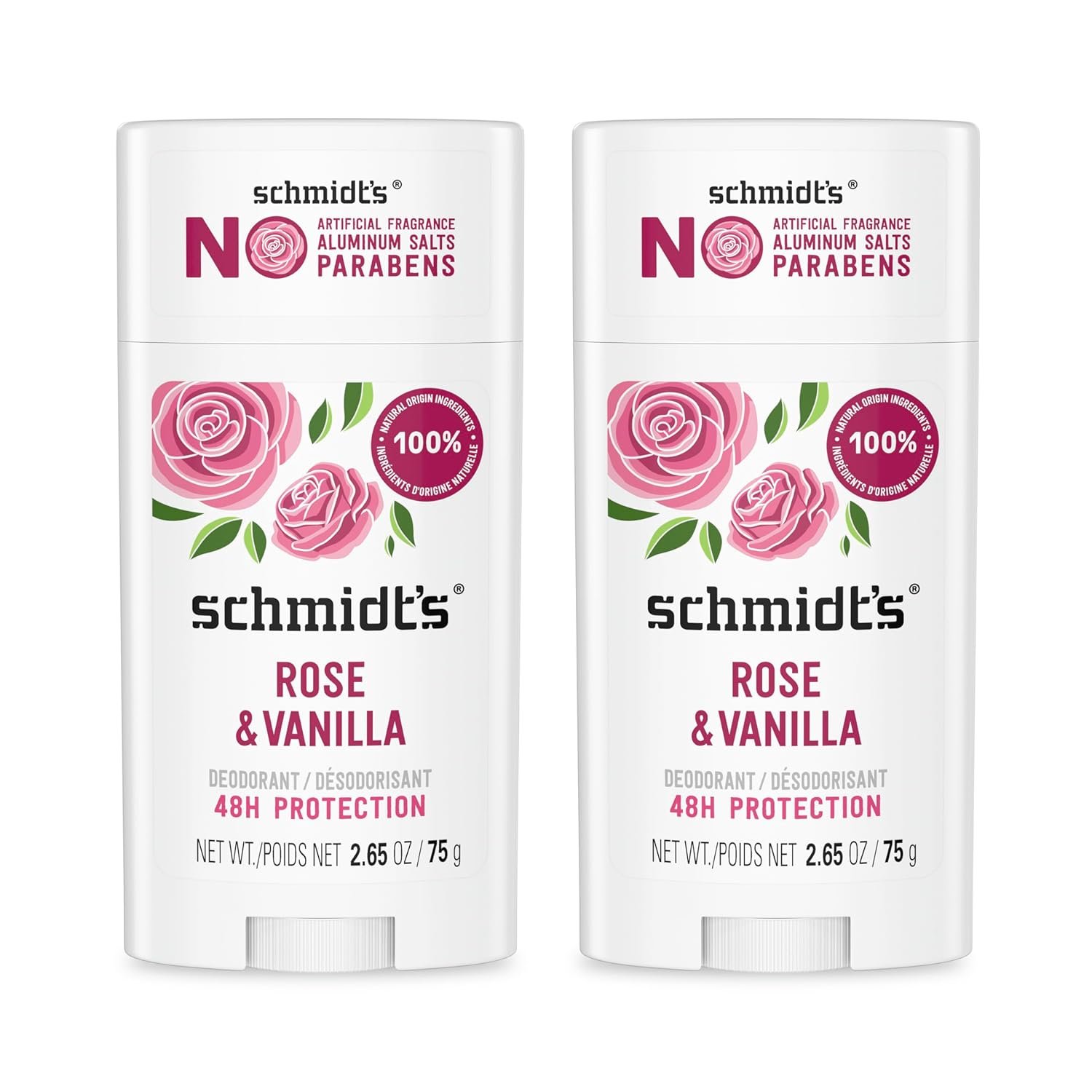 Schmidt’s Aluminum-Free Vegan Deodorant Rose & Vanilla with 24 Hour Odor Protection 2 Count for Women and Men, Natural Ingredients, Cruelty-Free, 2.65 oz