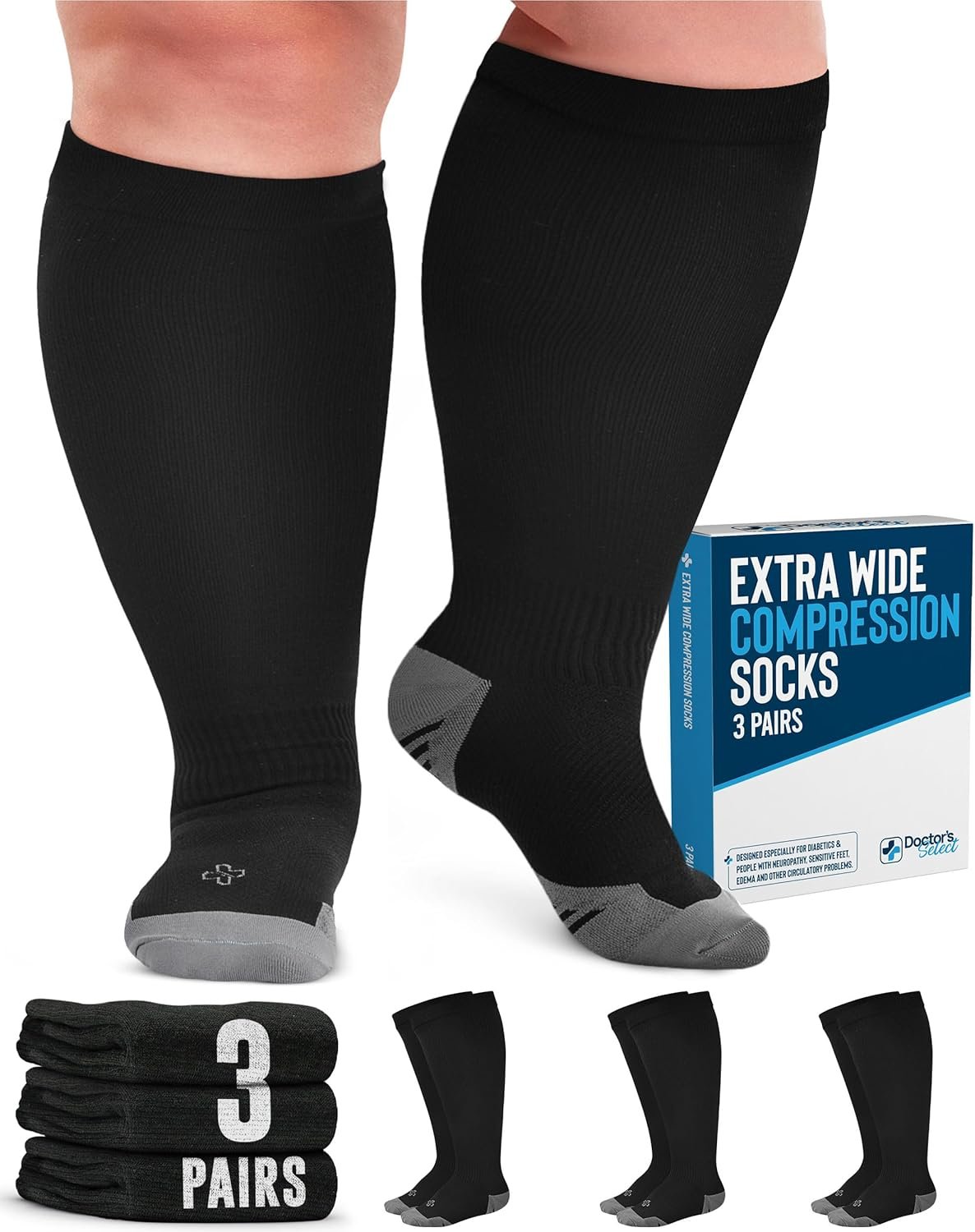 Doctor’s Select 3 Pairs Plus Size Compression Socks Wide Calf – Up to 6XL | 20-30 mmHg Compression Socks for Women Wide Calf