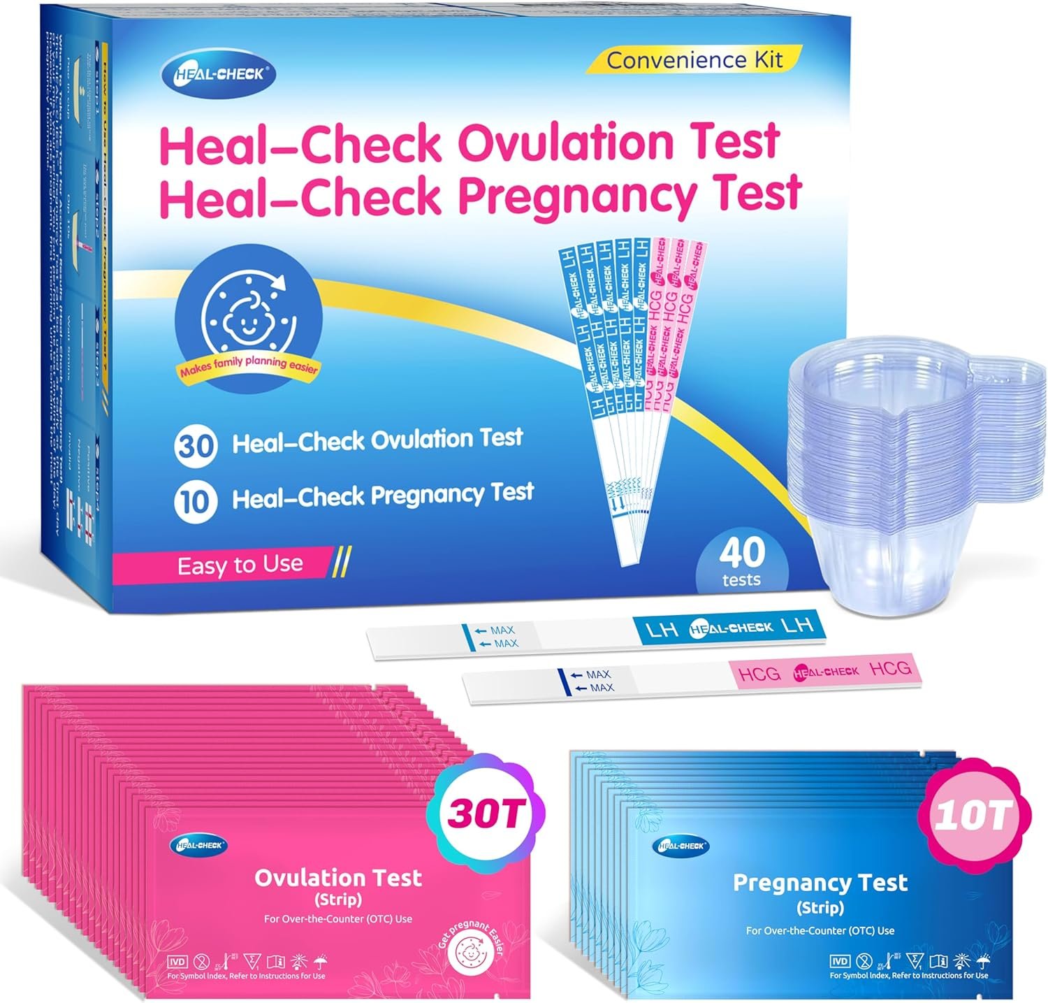 HEAL-CHECK 30 Ovulation and 10 Pregnancy Test Strips with 40 Urine Cups, Fertility Test for Women TTC, Get Pregnant Easier, Easy to Use at Home, Over 99% Accuracy, Individually Wrapped