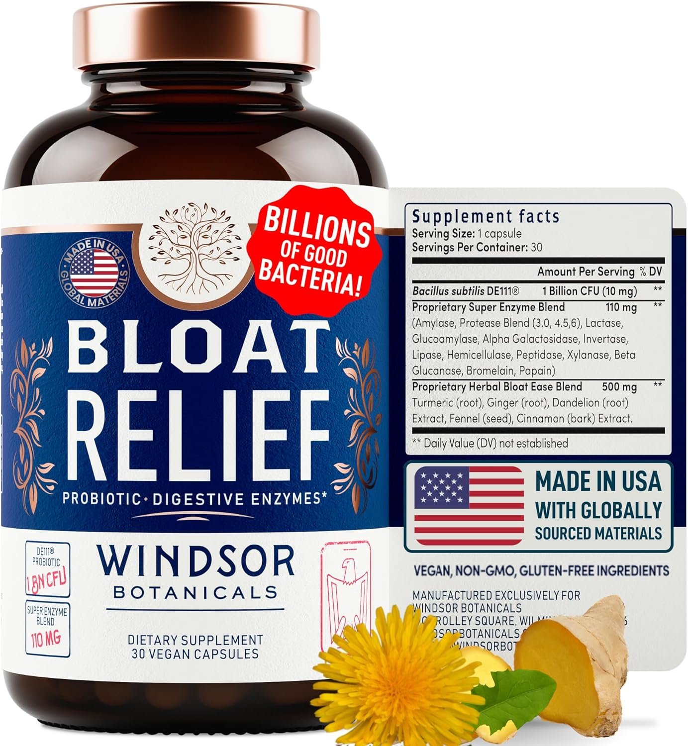 Bloat Relief Probiotic and Digestive Enzymes – Anti Bloating Turmeric, Fennel, Bromelain IBS Supplement – Detox Debloat Capsules Gas – Bloating Relief for Women and Men – 30 Gut Health Pills